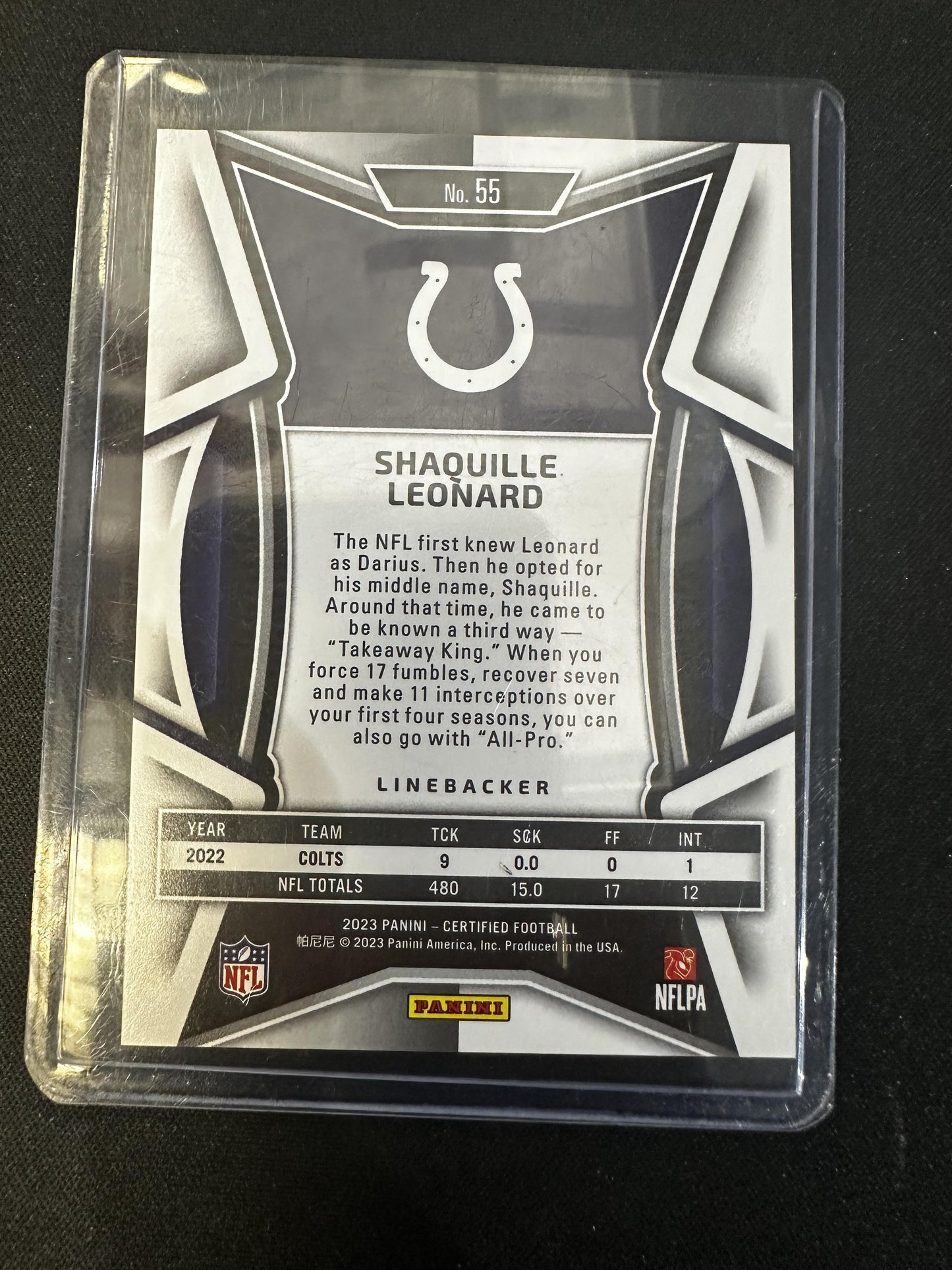 #55 Shaquille Leonard 2023 Panini Certified /1 Colts Black Mirror