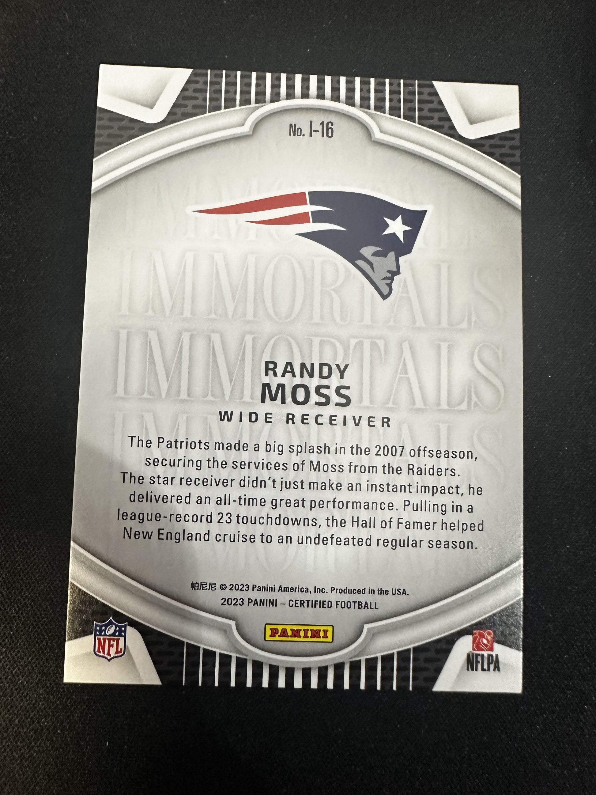 #I-16 Randy Moss 2023 Panini Certified SN #/199 Patriots Immortals Mirror Pink