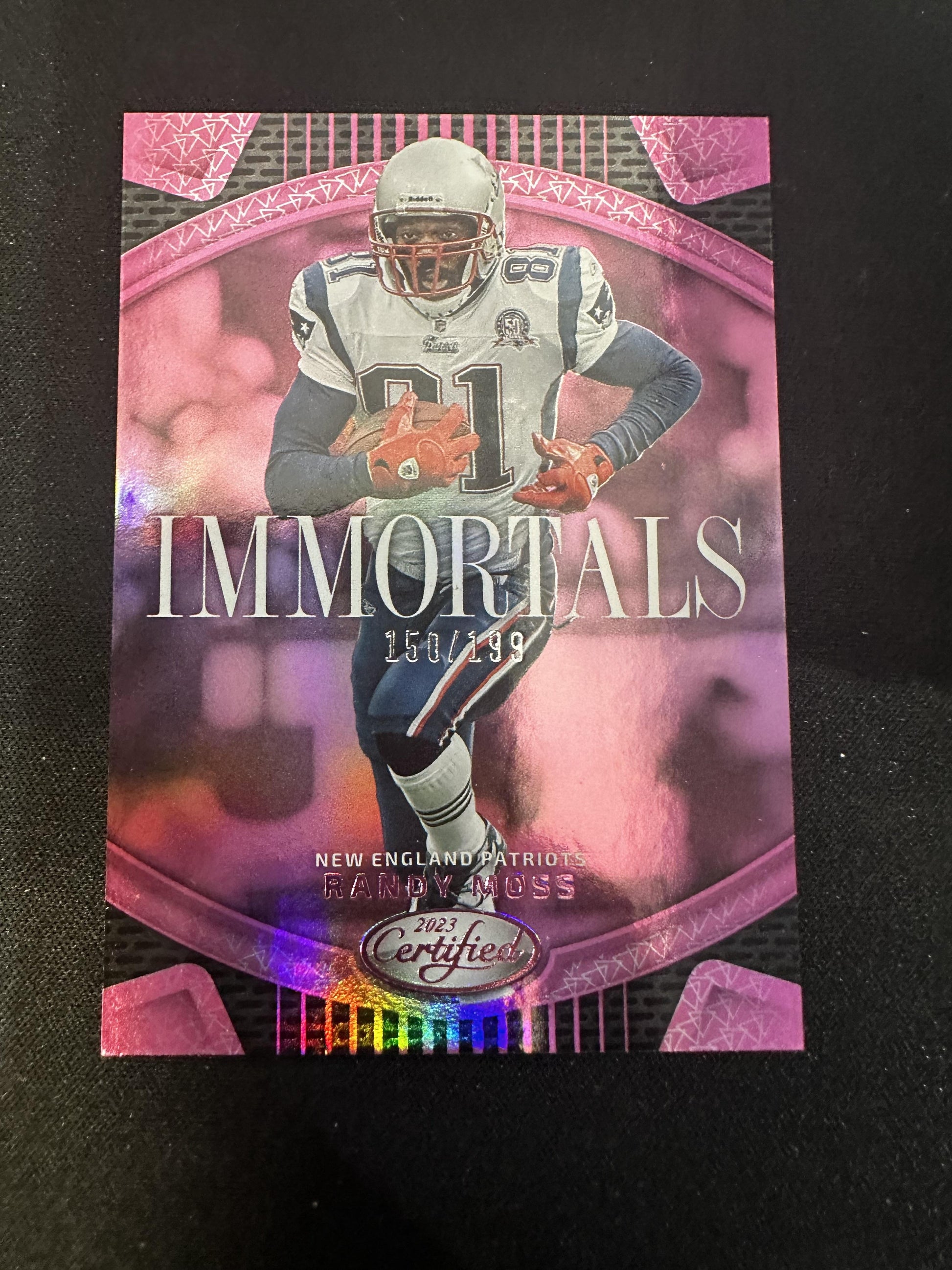 #I-16 Randy Moss 2023 Panini Certified SN #/199 Patriots Immortals Mirror Pink