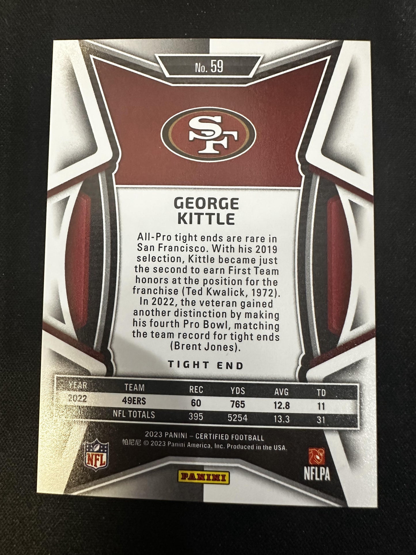 #59 George Kittle 2023 Panini Certified SN #/199 San Francisco 49ers Pink Mirror