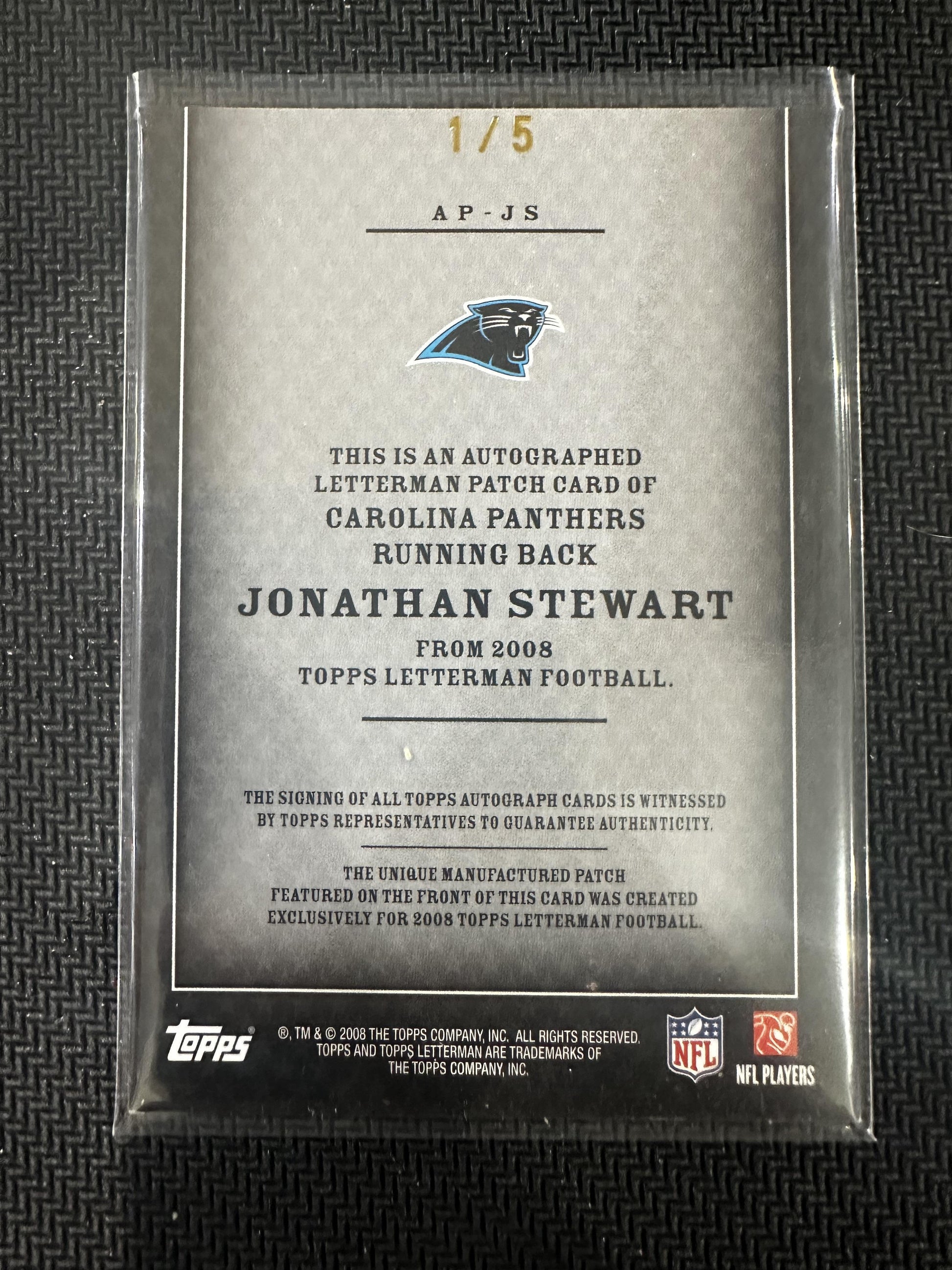 #AP-JS Jonathan Stewart 2008 Topps Letterman /5 Panthers Patches Autograph