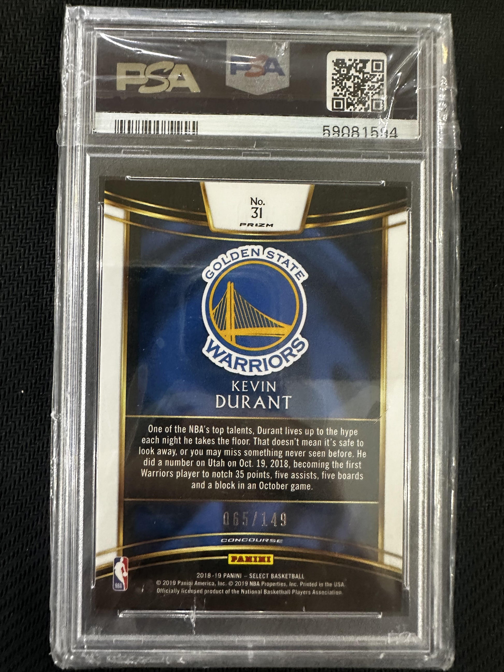 #31 Kevin Durant 2018 Panini Select 9 Golden State Warriors White Prizm