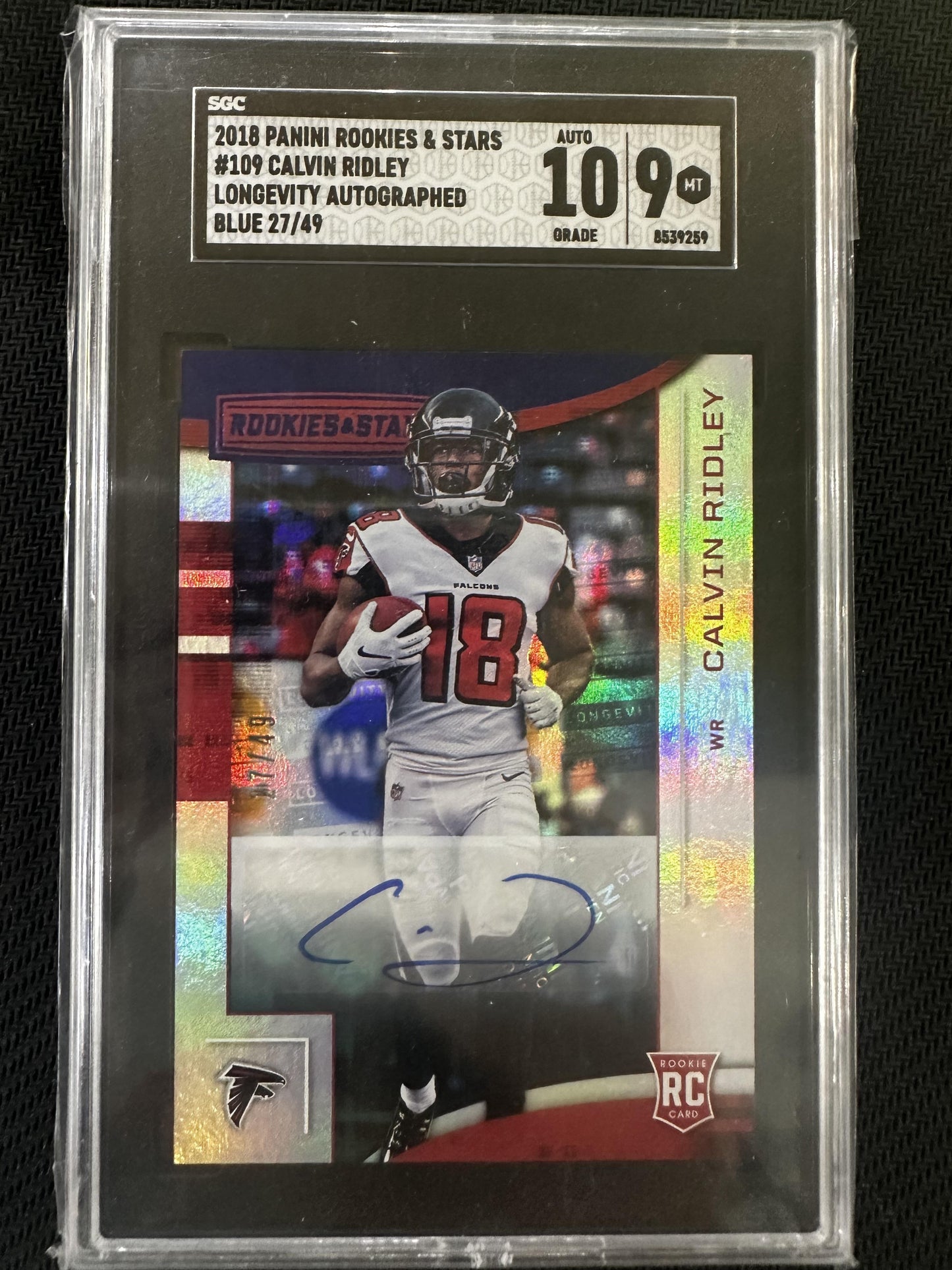 #109 Calvin Ridley 2018 Panini Rookies & Stars /49 9 Falcons Longevity Sig Blue