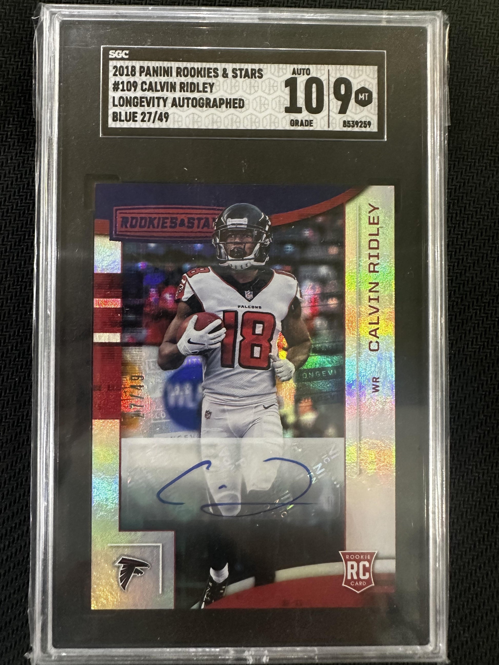 #109 Calvin Ridley 2018 Panini Rookies & Stars /49 9 Falcons Longevity Sig Blue