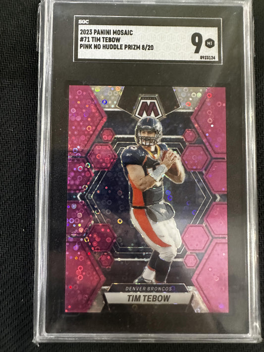 #71 Tim Tebow 2023 Panini Mosaic SN #/20 9 Denver Broncos Pink No Huddle Mosaic