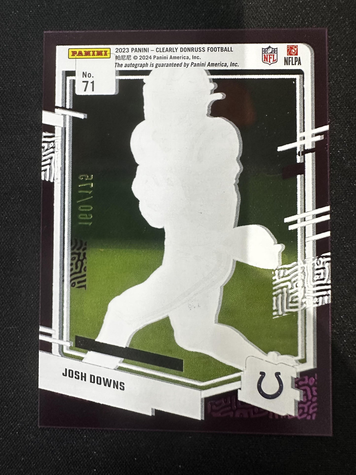 #71 Josh Downs 2023 Clearly Donruss Auto /175 Colts Rated Rookie Auto Purple