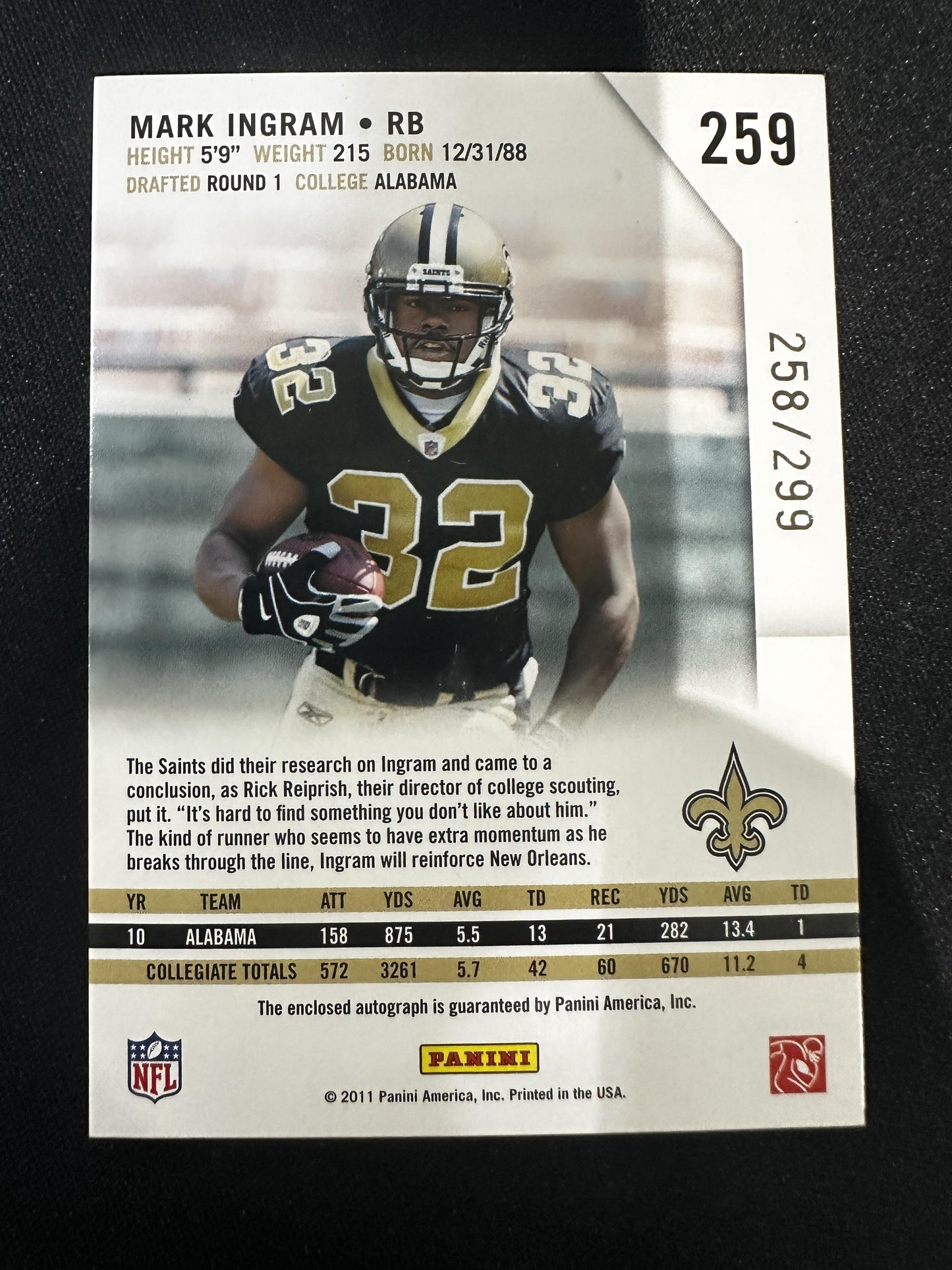 #259 Mark Ingram 2011 Panini Rookies & Stars Rookie Auto /299 New Orleans Saints