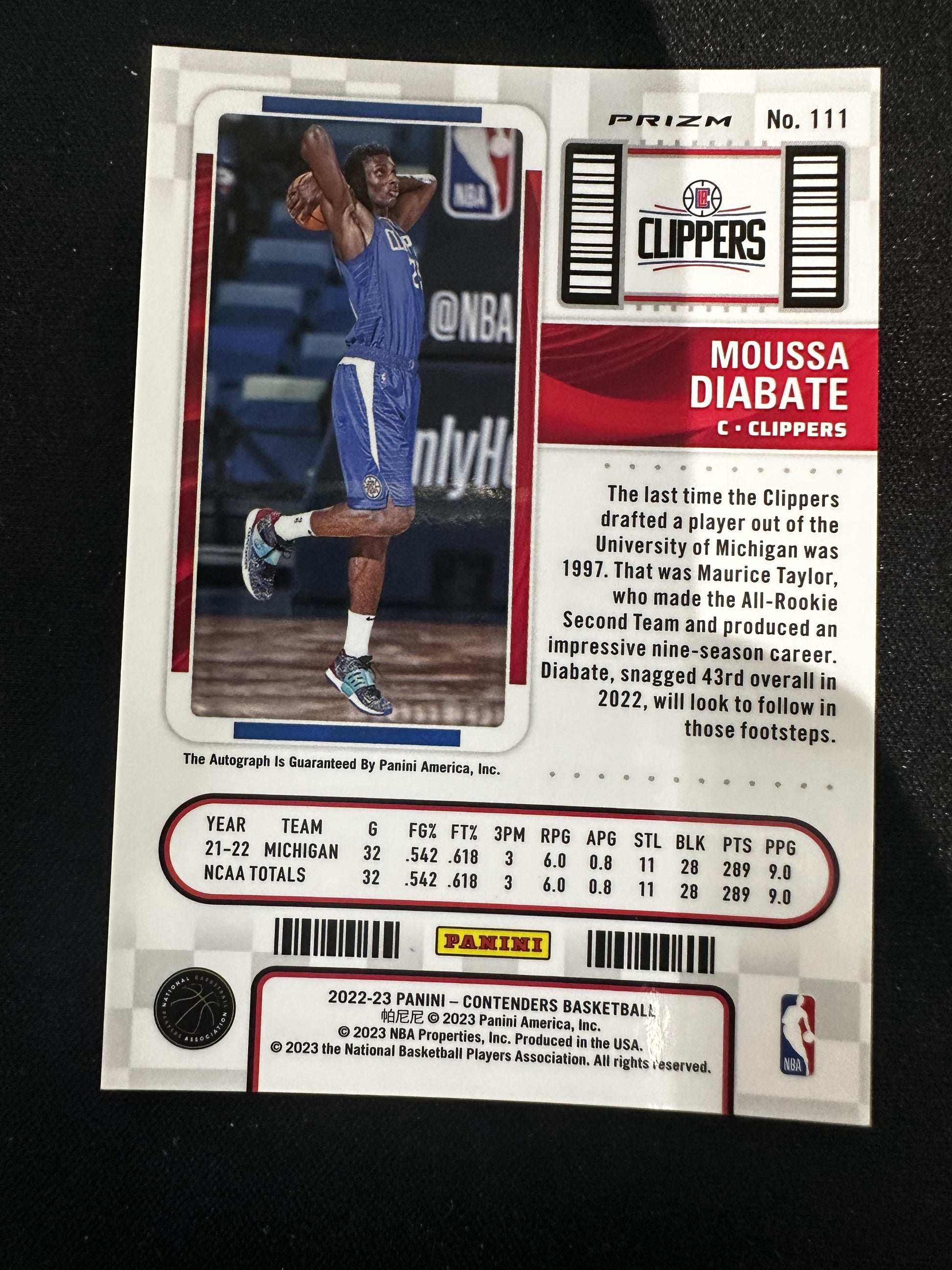 #111 Moussa Diabate 2022 Panini Contenders Rookie Auto Clippers Ticket Premium