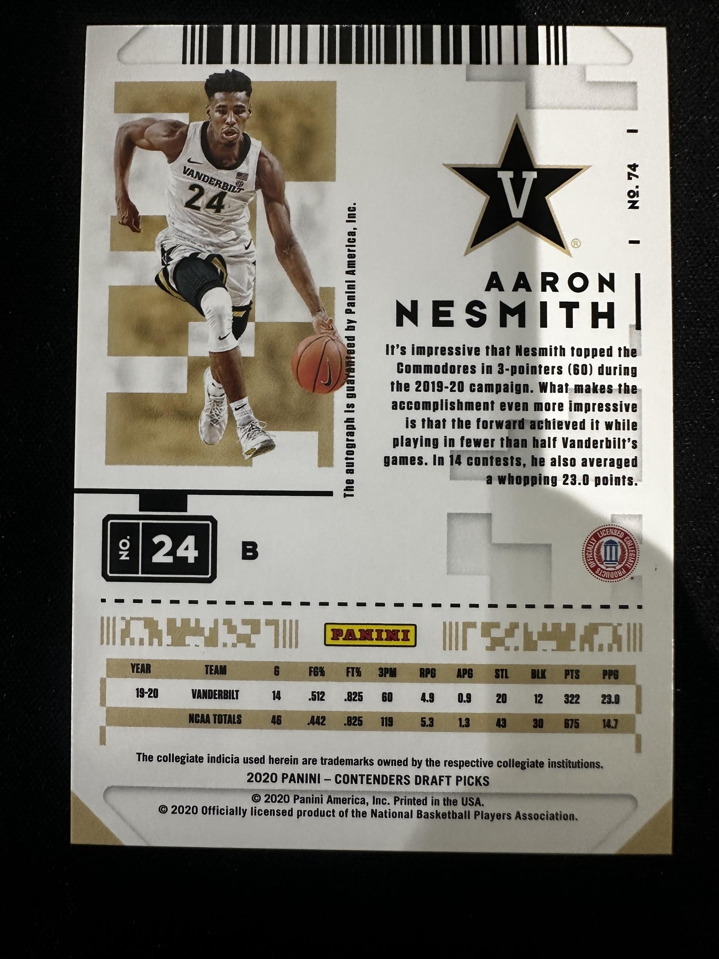 #74 Aaron Nesmith 2020 Panini Contenders Draft Picks /5 Commodore Tourney Ticket