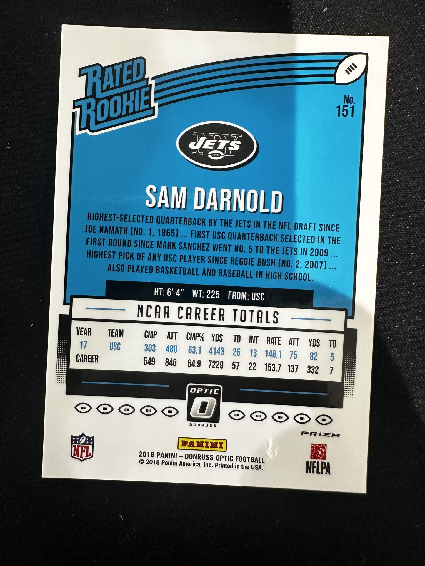 #151 Sam Darnold 2018 Donruss Optic RC Rookie New York Jets sports Pink