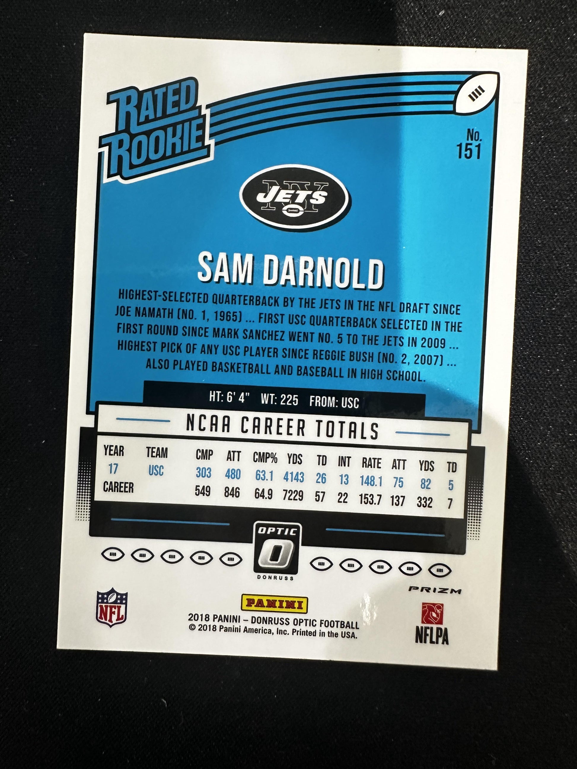 #151 Sam Darnold 2018 Donruss Optic RC Rookie New York Jets sports Pink