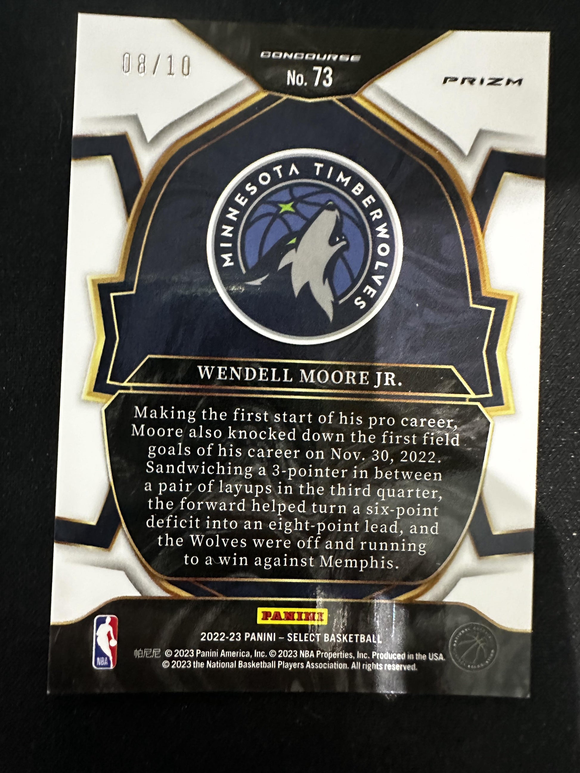 #73 Wendell Moore Jr. 2022-23 Panini Select /10 Timberwolves Gold Flash Prizms