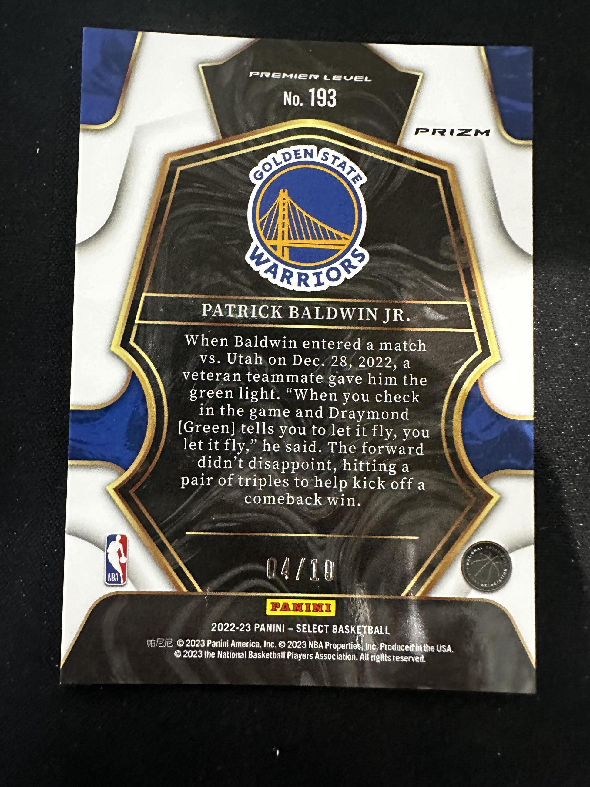 #193 Patrick Baldwin Jr. 2022 Panini Select /10 Warriors Gold Flash Prizms