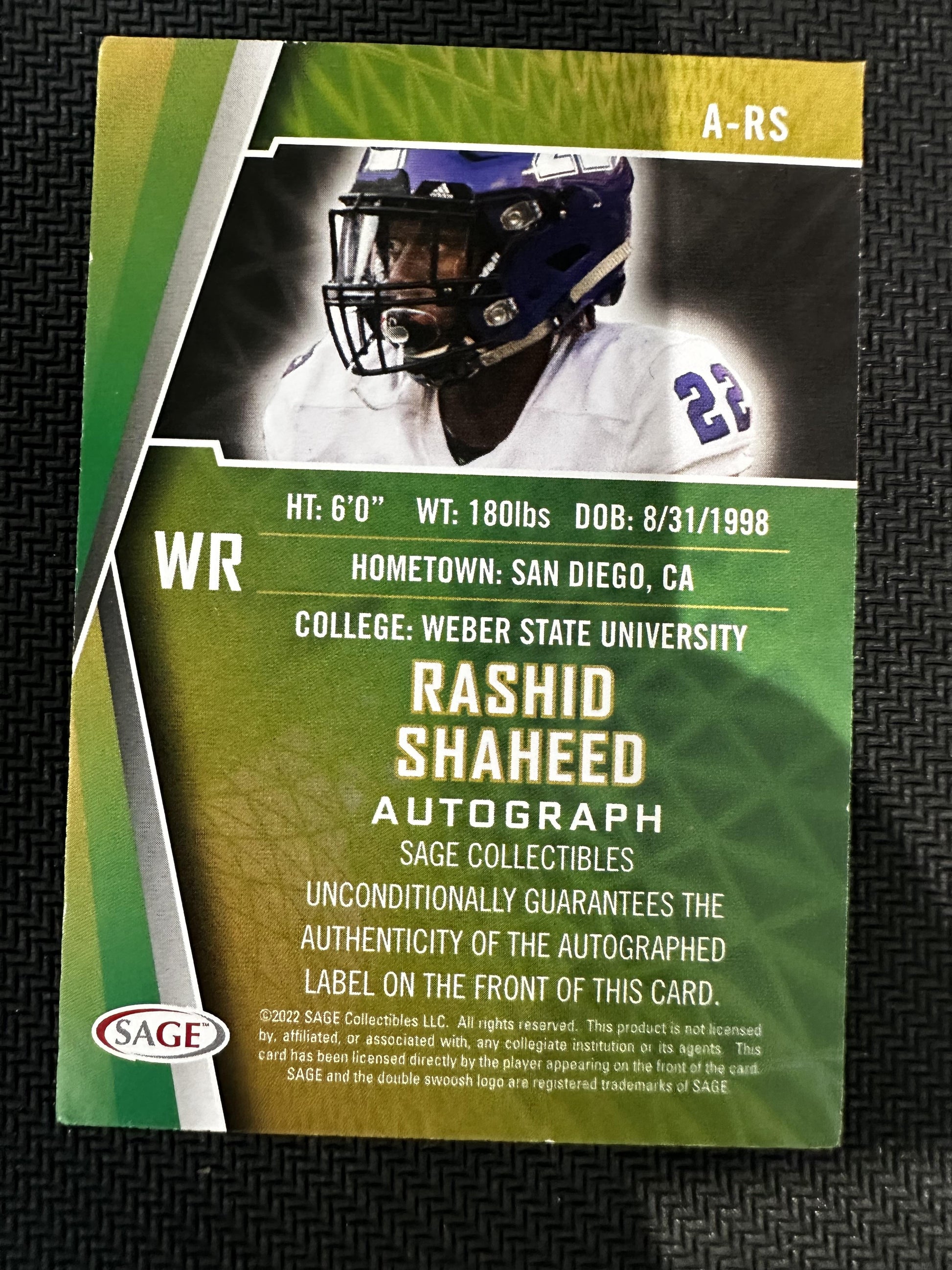 #A-RS Rashid Shaheed 2022 SAGE AU Auto Weber State Wildcats sports Auto Black