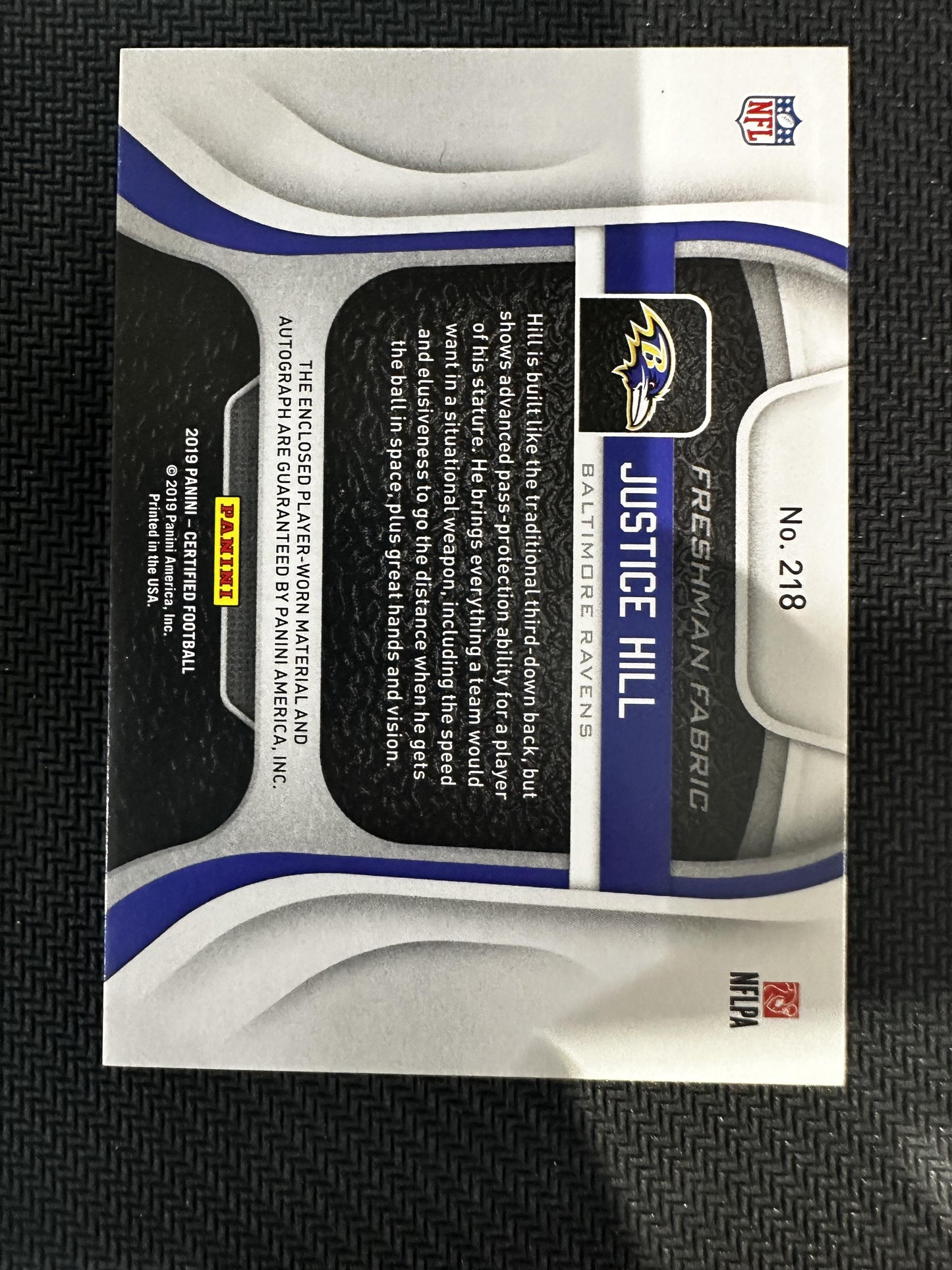 #218 Justice Hill 2019 Panini Certified /50 Ravens Mirror Teal