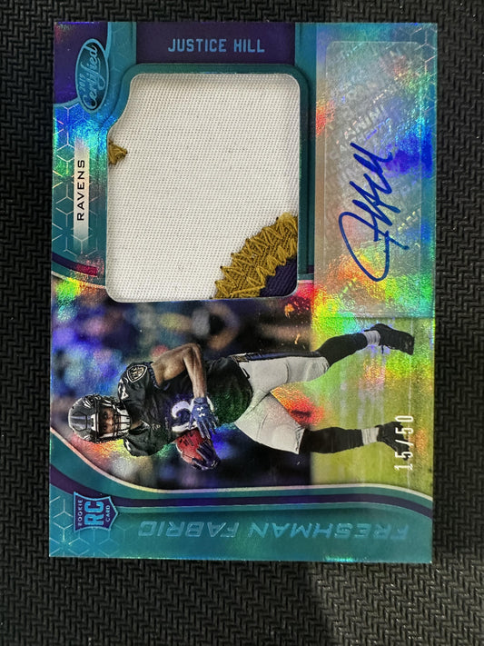 #218 Justice Hill 2019 Panini Certified /50 Ravens Mirror Teal