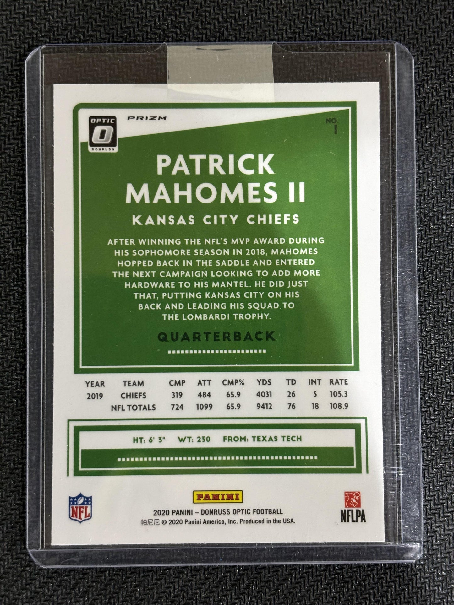 #1 Patrick Mahomes II 2020 Donruss Optic Kansas City Chiefs sports Holo