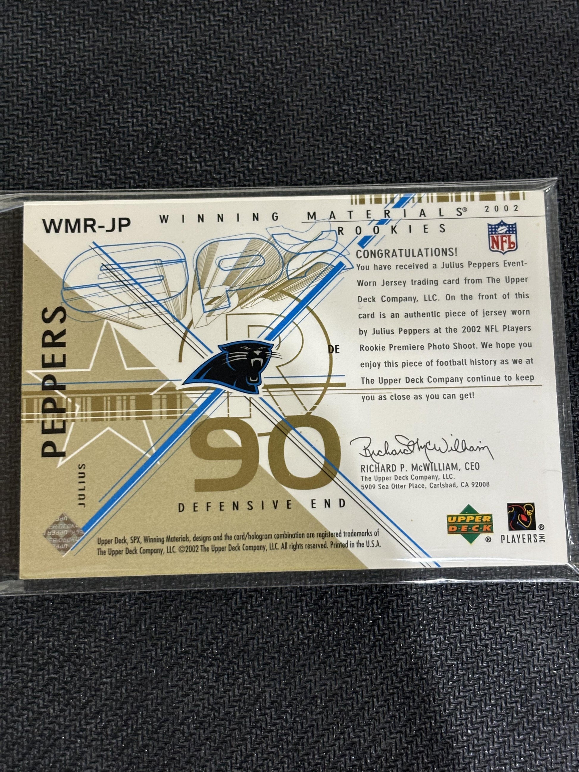 #WM-RJP Julius Peppers 2002 SPx /50 Carolina Panthers Winning Materials Gold