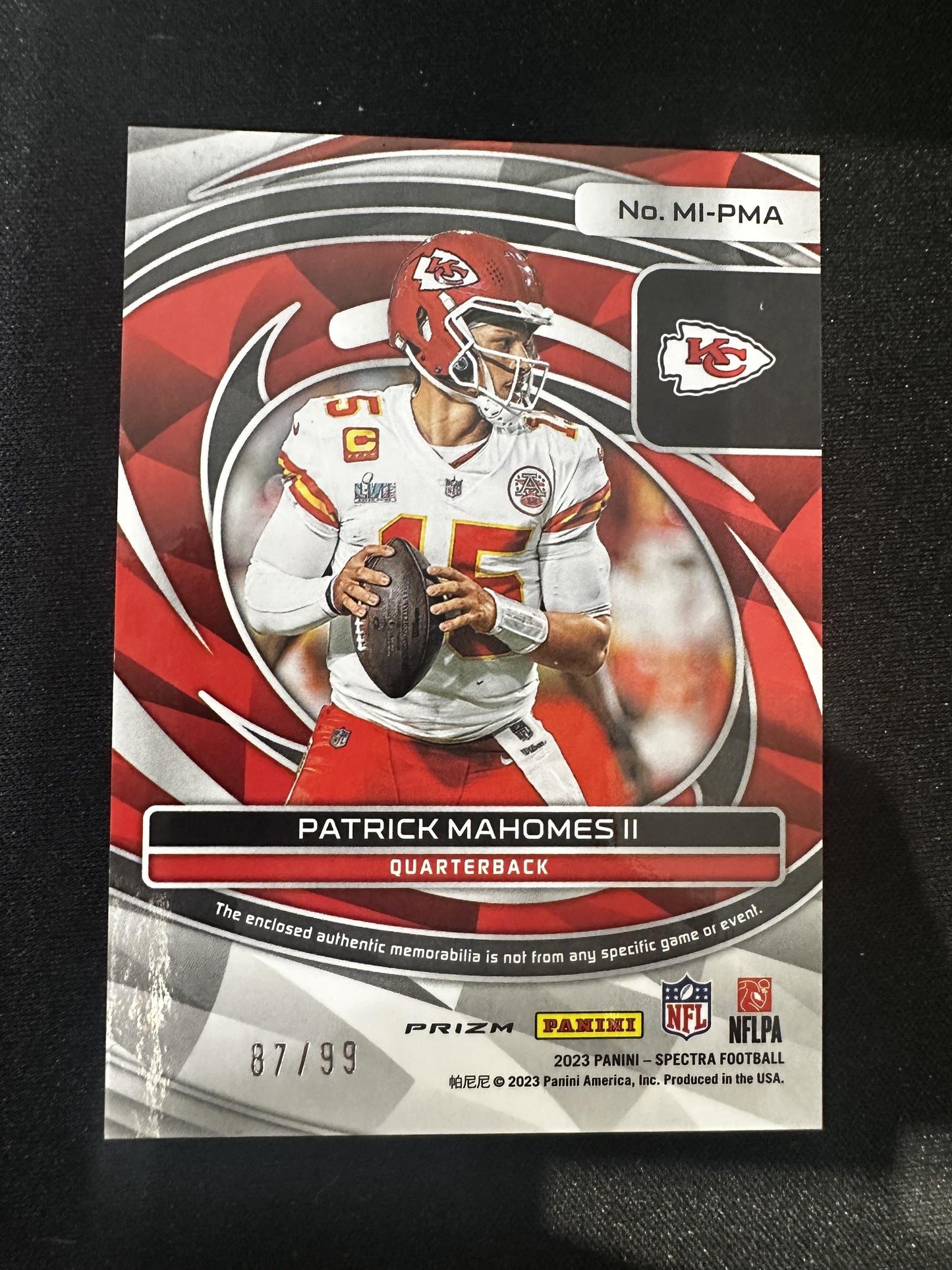 #MI-PMA Patrick Mahomes II 2023 Panini Spectra /99 Kansas City Chiefs Max Impact