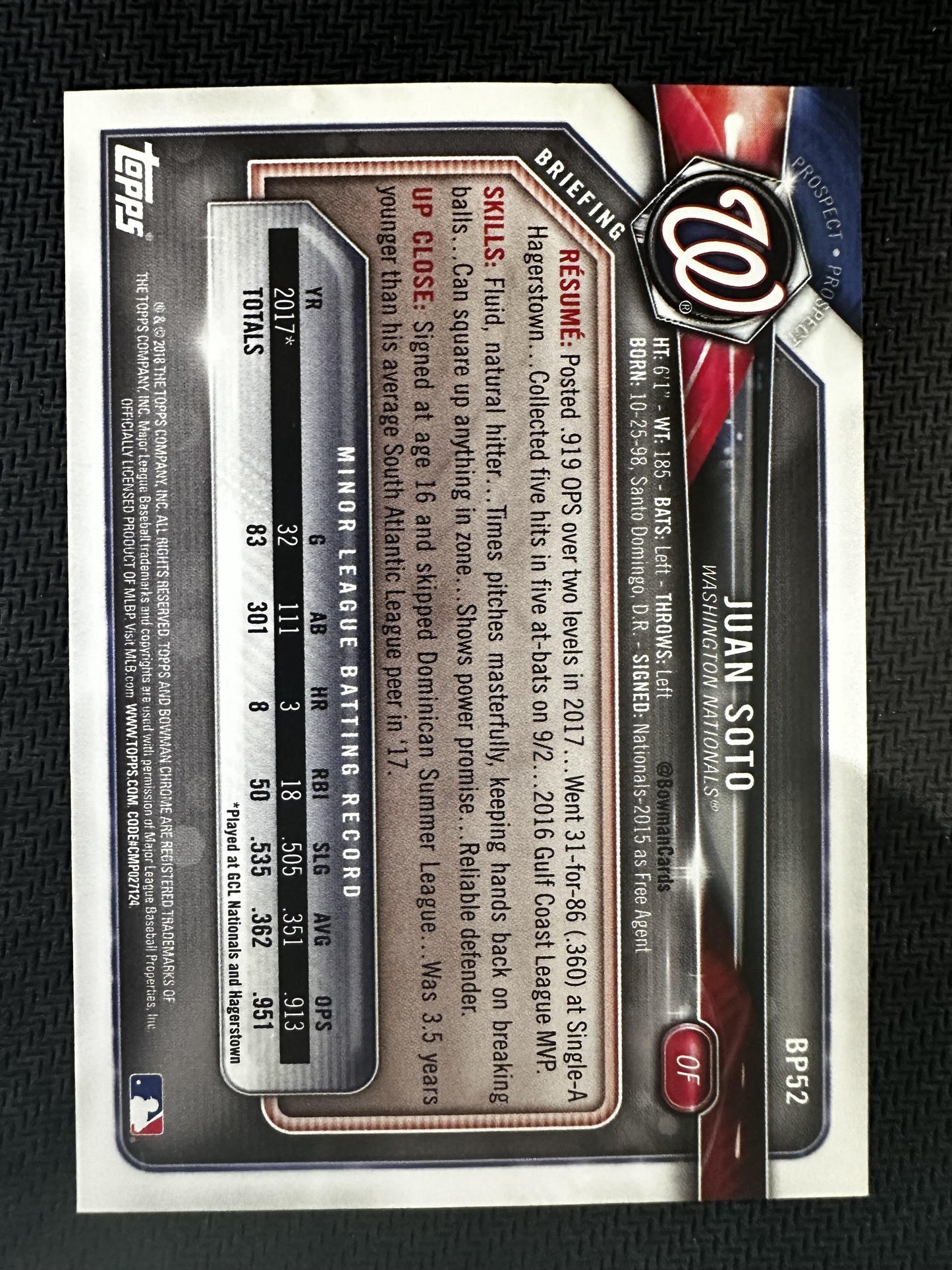 #BP52 Juan Soto 2018 Bowman Washington Nationals sports Prospects