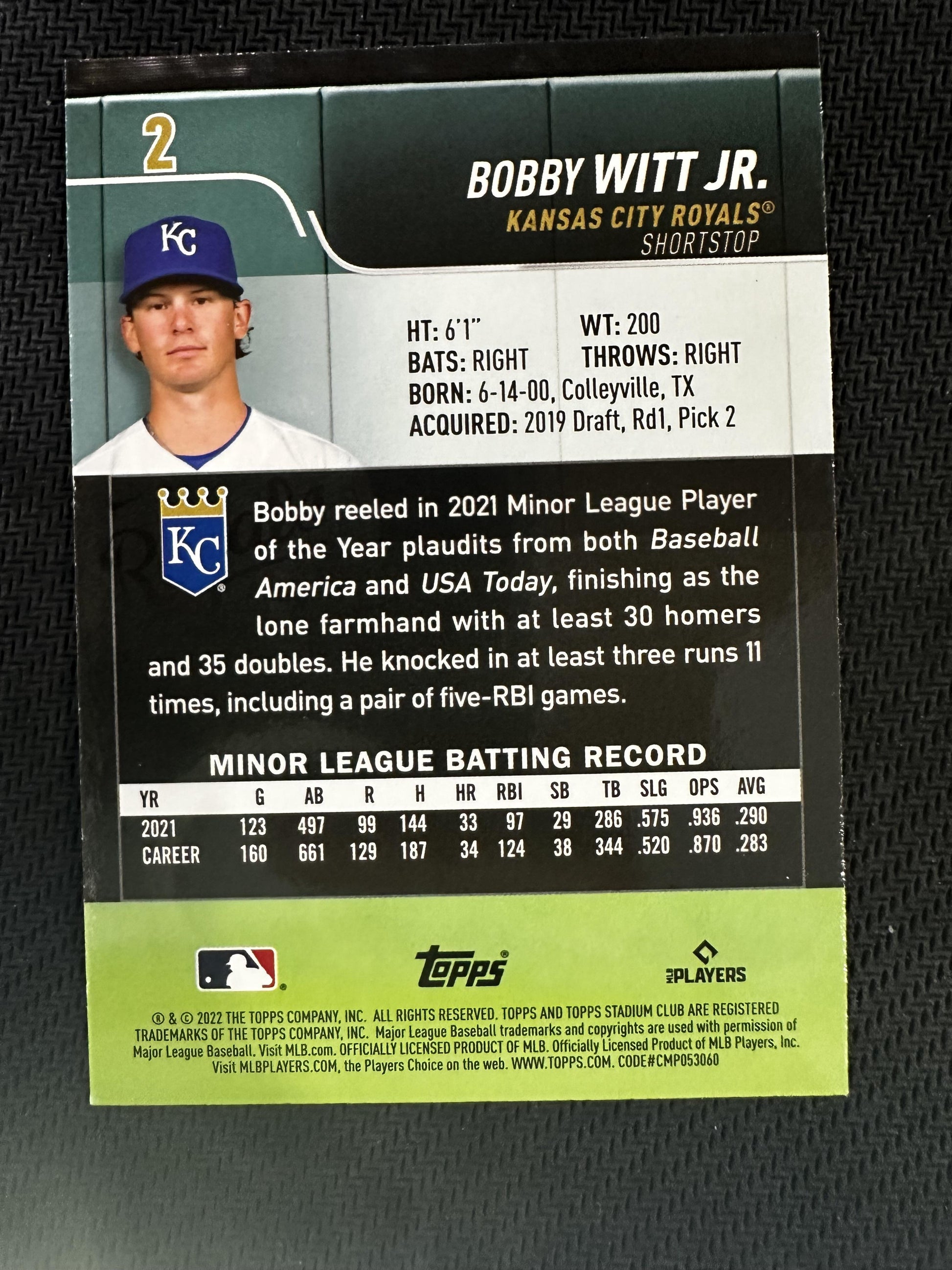 #2 Bobby Witt Jr. 2022 Stadium Club RC Rookie Kansas City Royals sports