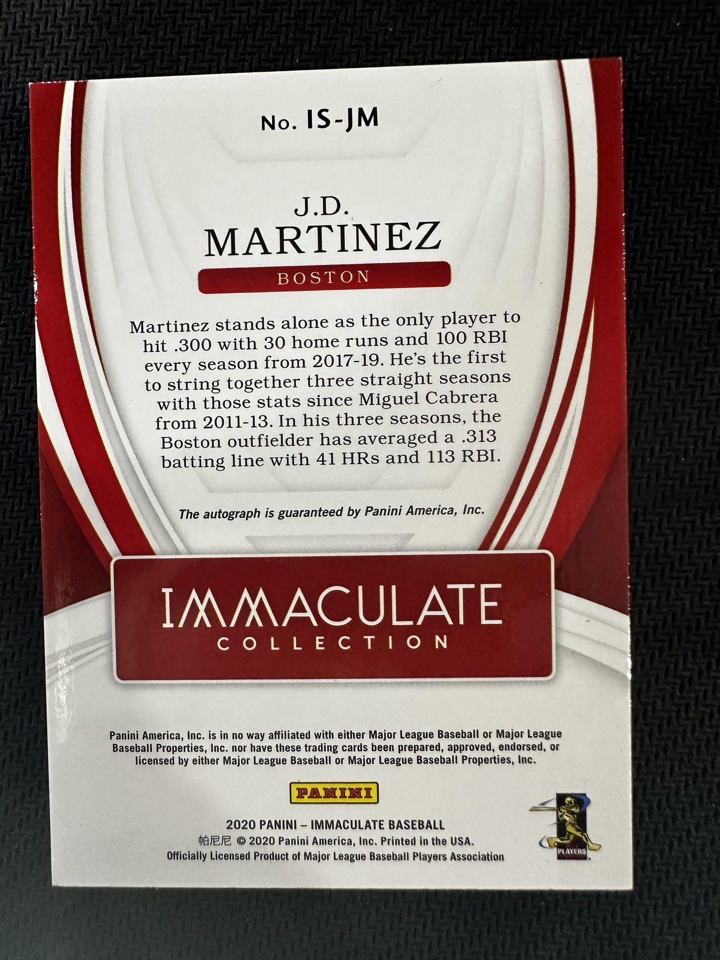 #IS-JM J.D. Martinez 2020 Panini Immaculate Collection /49 Red Sox Signatures