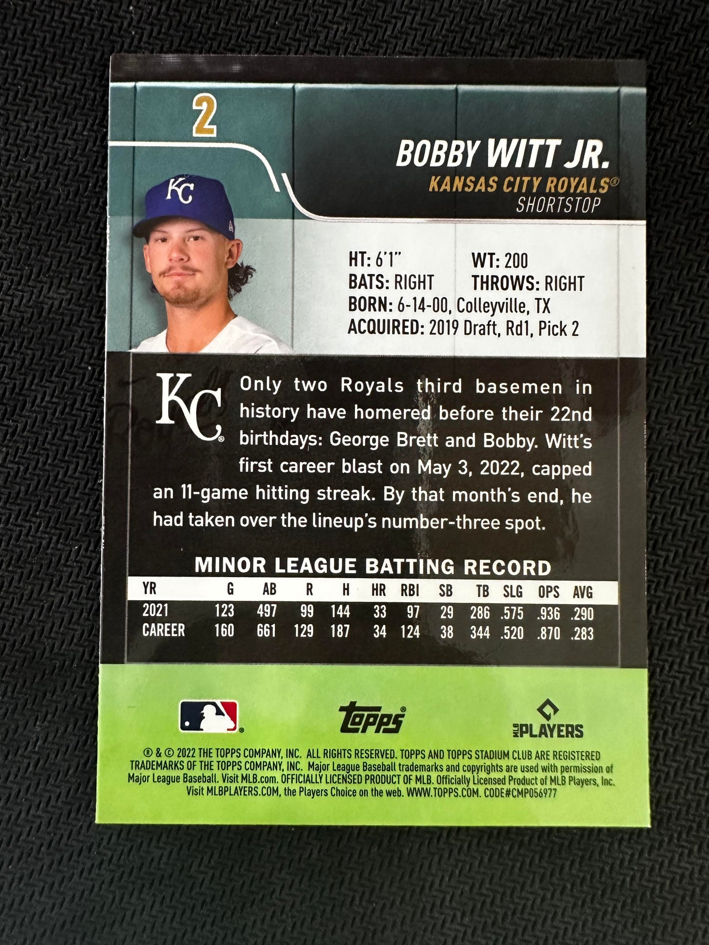 #2 Bobby Witt Jr. 2022 Stadium Club Chrome RC Rookie Kansas City Royals sports