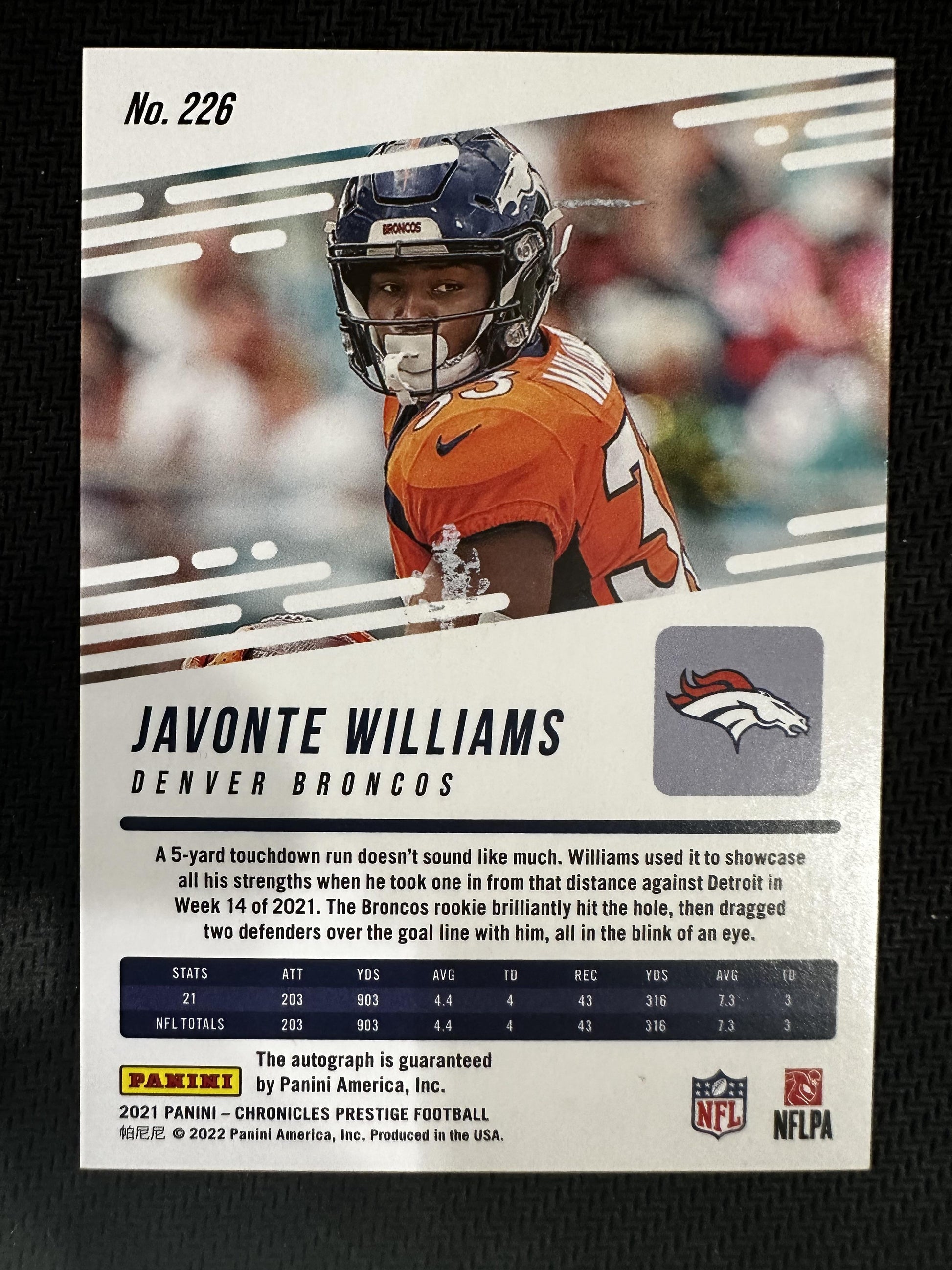 #226 Javonte Williams 2021 Panini Prestige Rookie Auto Broncos Xtra Points