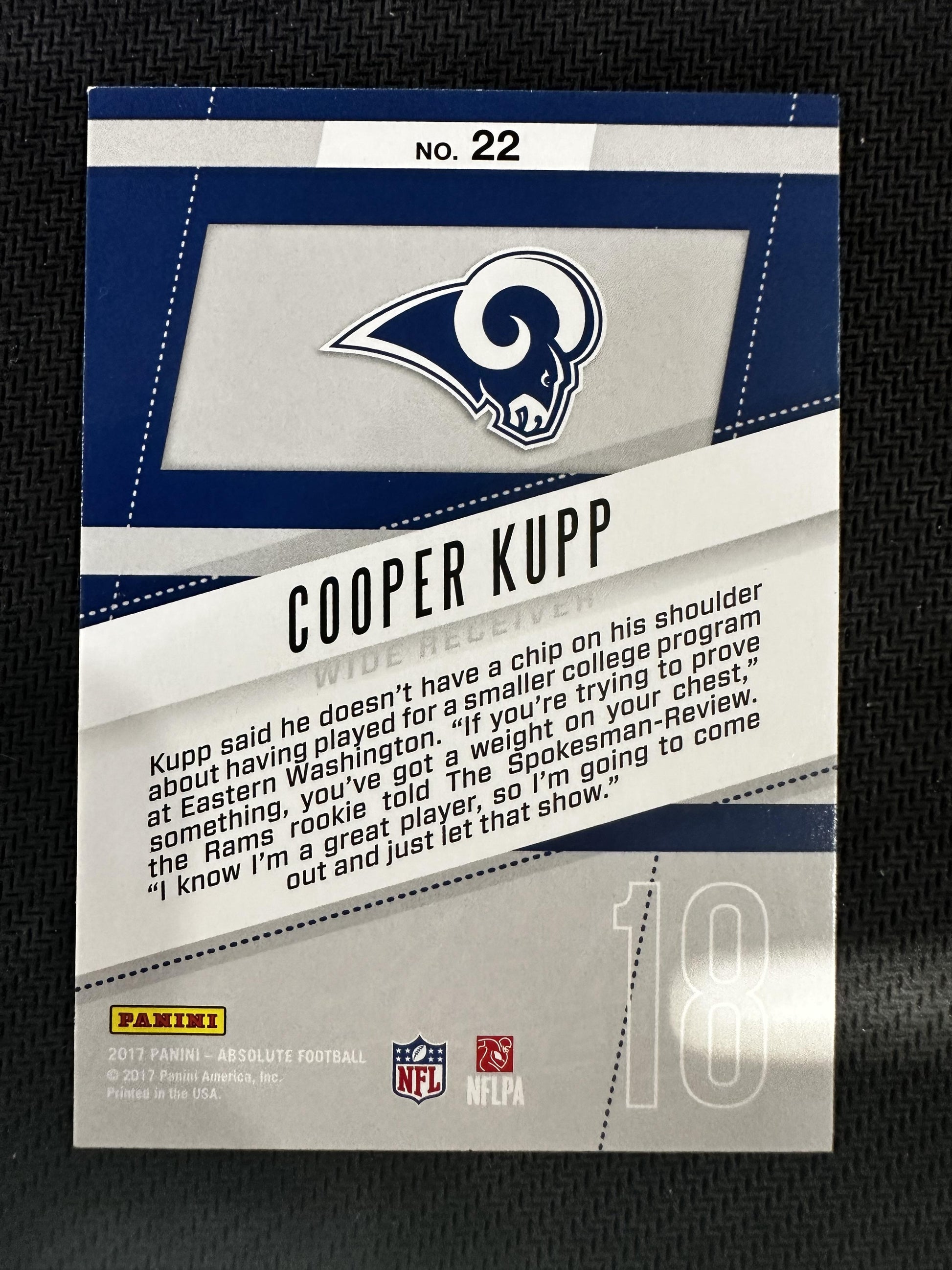 #22 Cooper Kupp 2017 Panini Absolute Los Angeles Rams sports Rookie Roundup