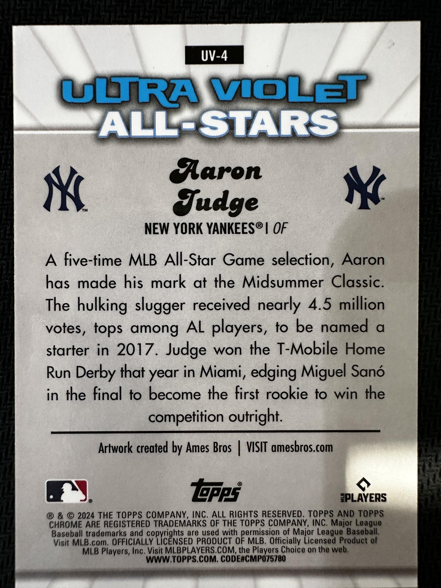 #UV-4 Aaron Judge 2024 Topps Chrome New York Yankees Ultraviolet All Stars