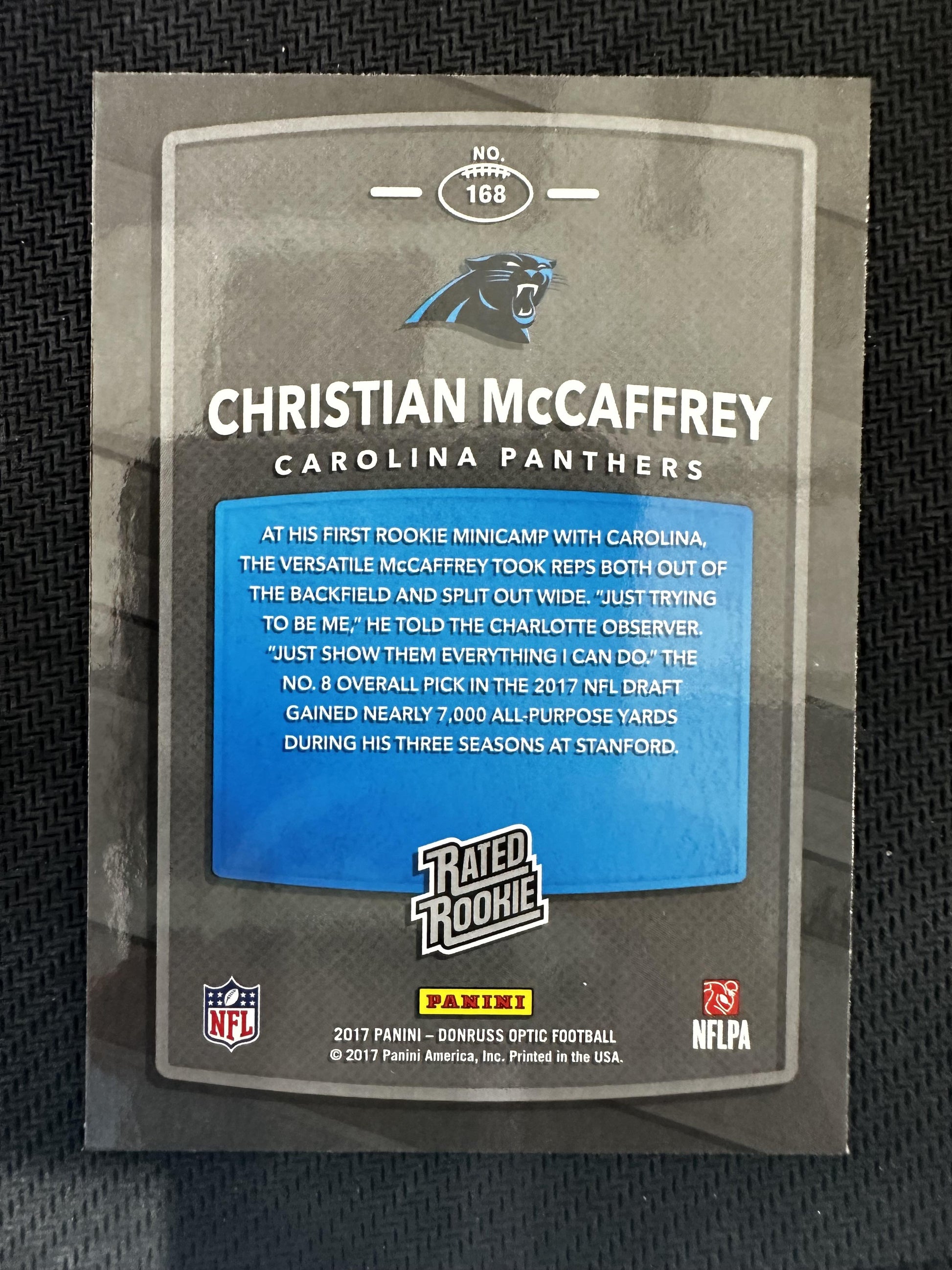 #168 Christian McCaffrey 2017 Donruss Optic RC Rookie Carolina Panthers sports