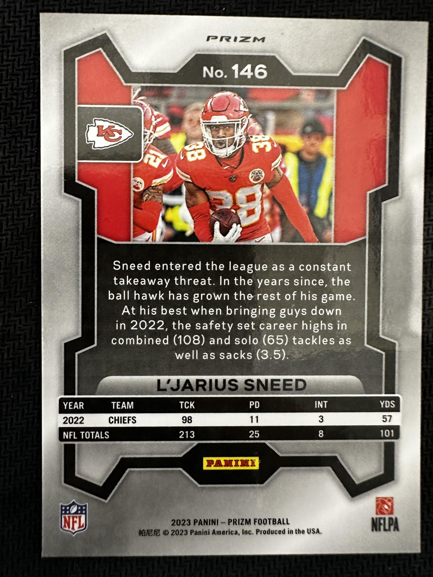 #146 L'Jarius Sneed 2023 Panini Prizm Kansas City Chiefs Black and White Checker