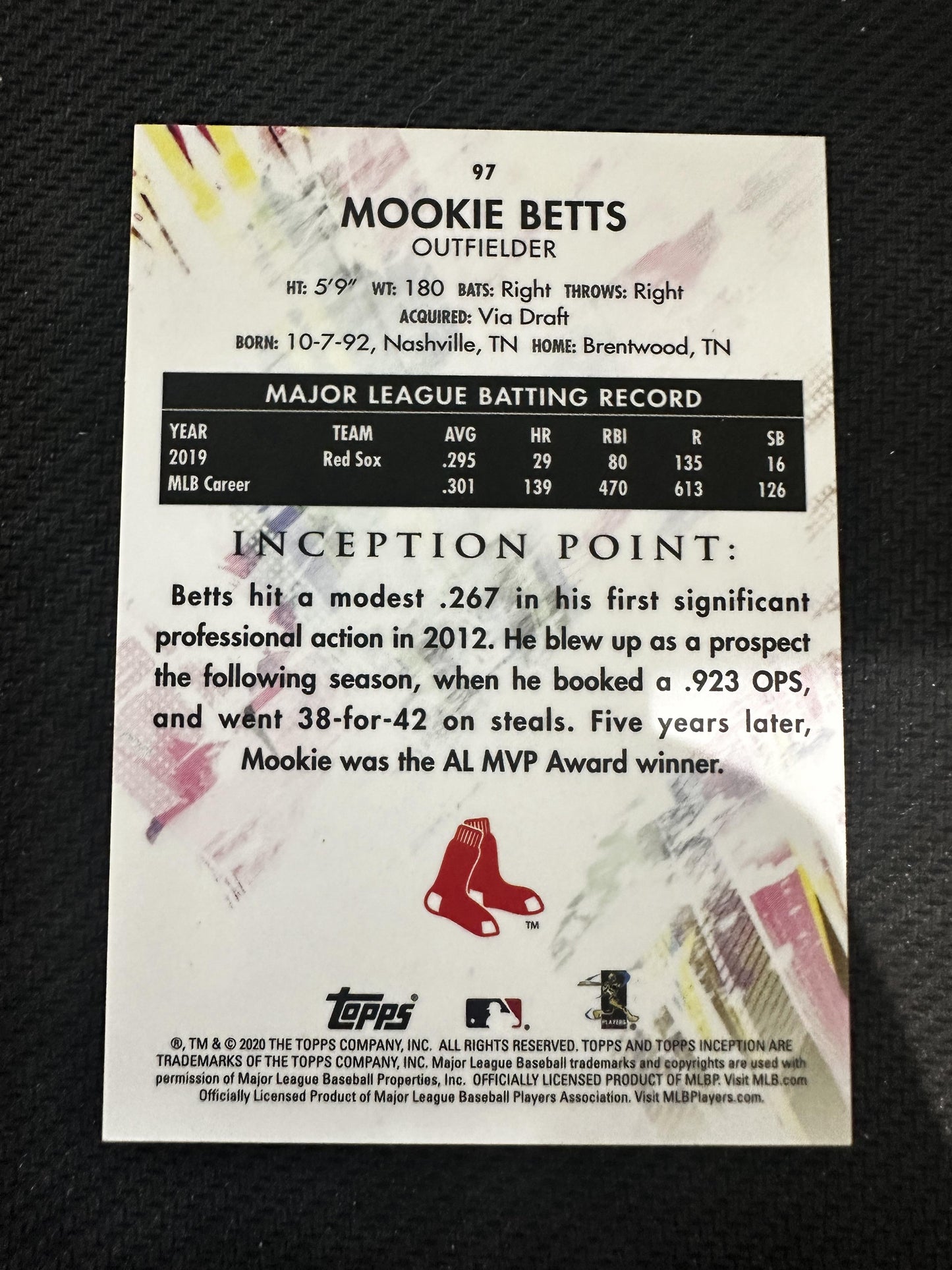 #97 Mookie Betts 2020 Topps Inception SN #/99 Boston Red Sox sports Magenta