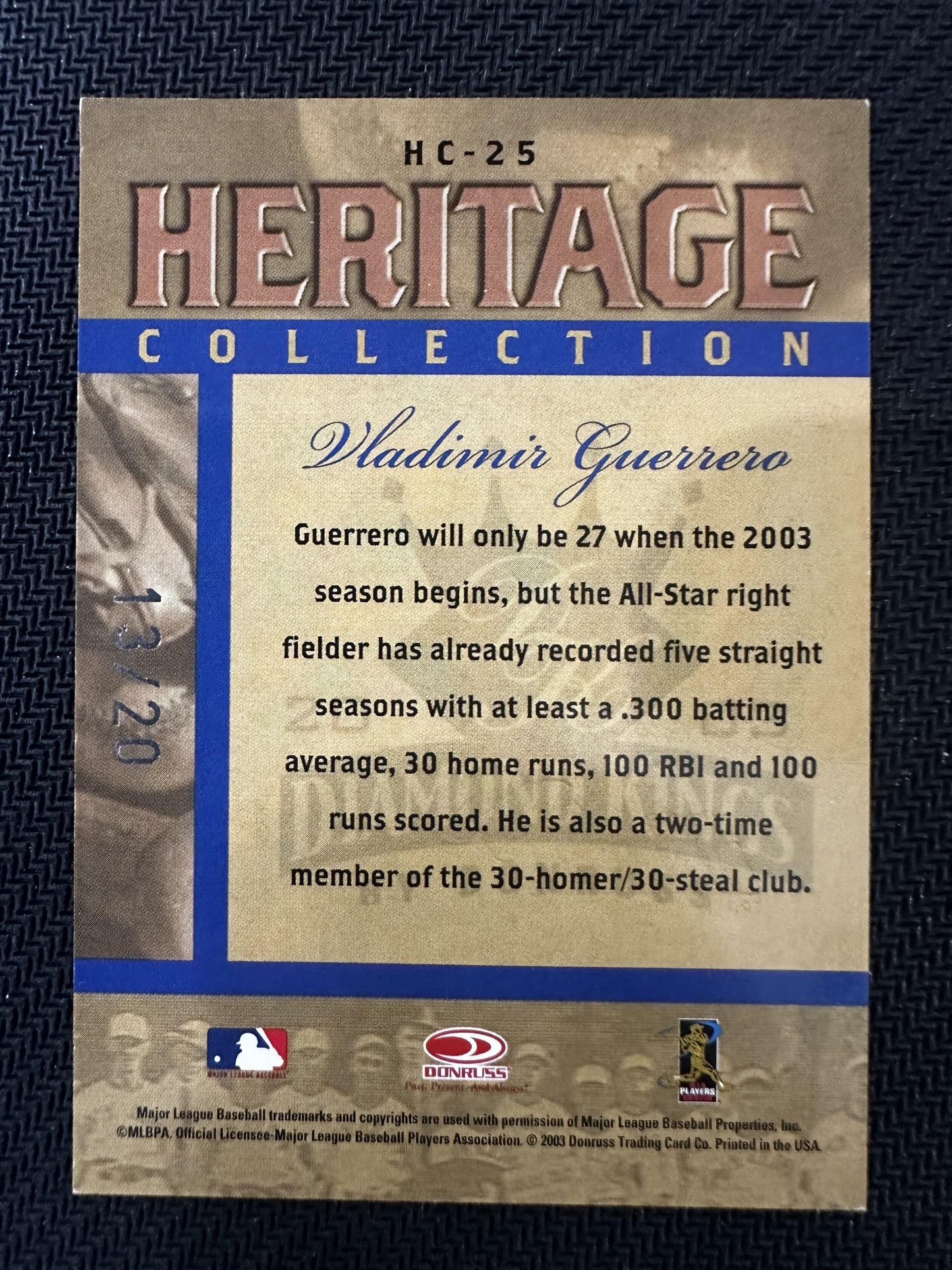 #HC-25 Vladimir Guerrero 2003 Donruss Diamond Kings /20 Montreal Expos Hawaii