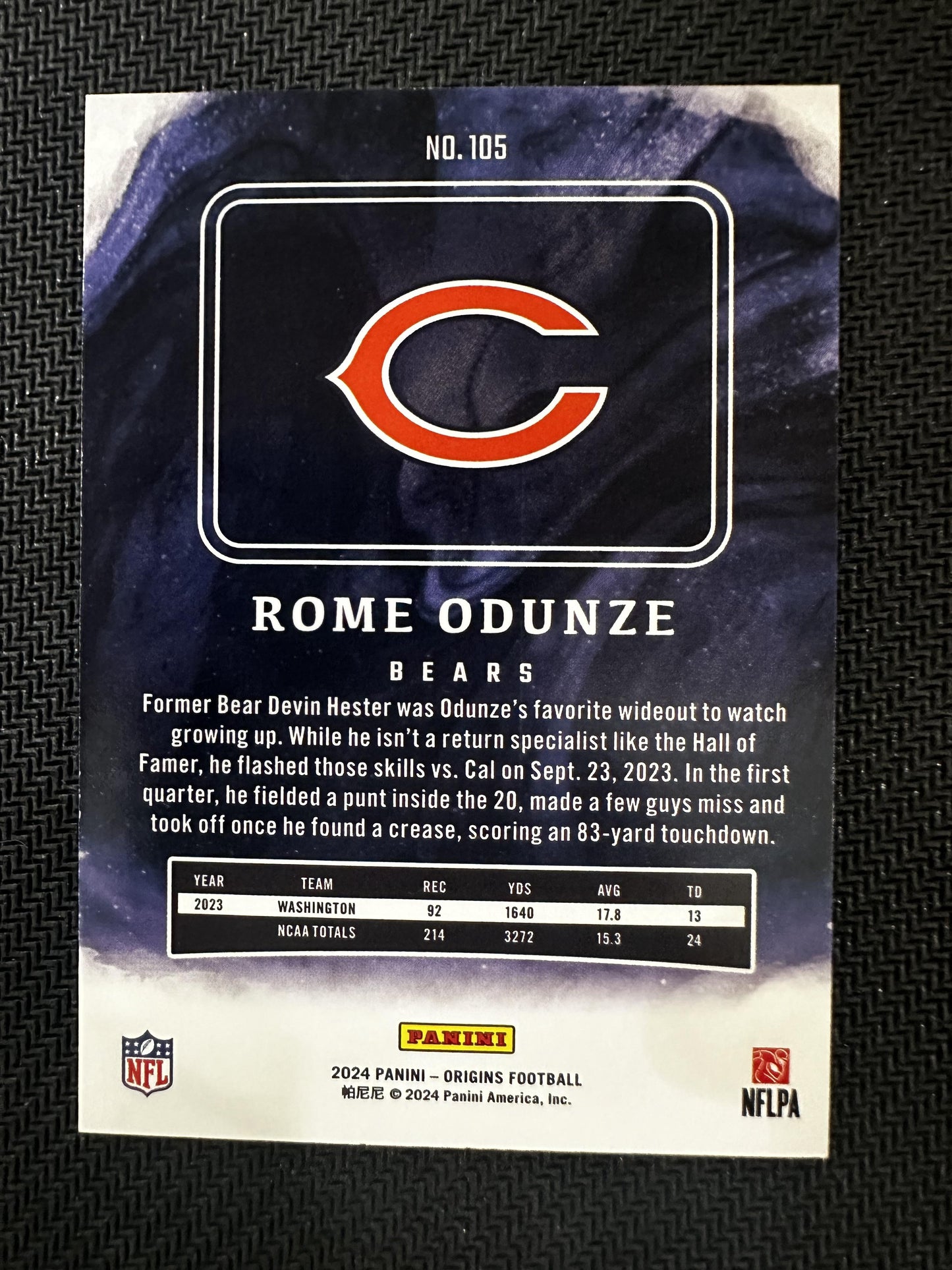 #105 Rome Odunze 2024 Panini Origins RC Rookie Chicago Bears sports