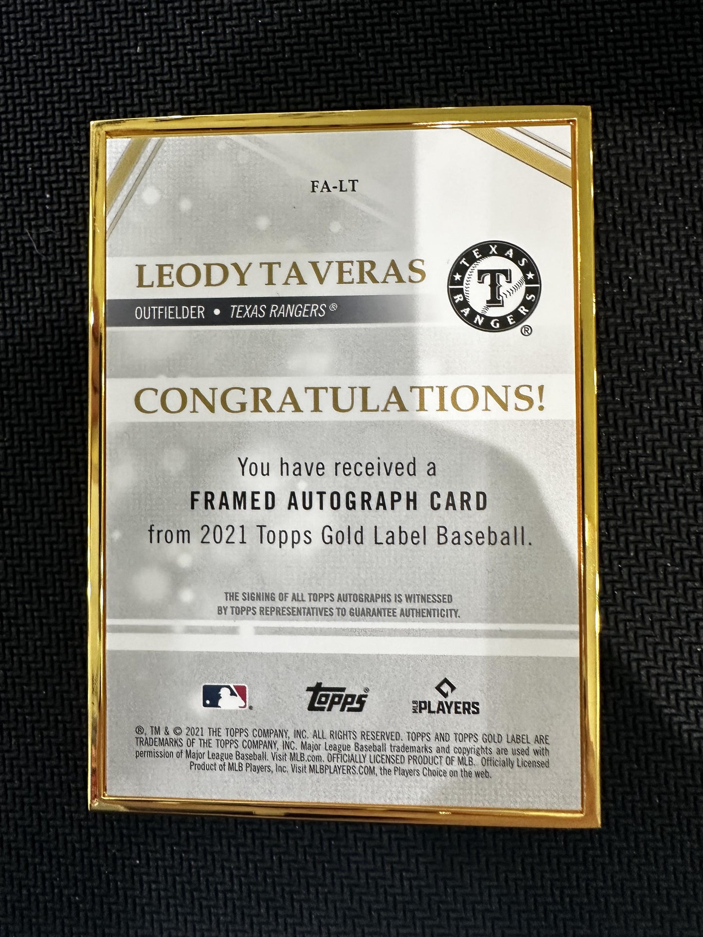 #FA-LT Leody Taveras 2021 Topps Gold Label AU Auto Rangers Framed Autographs