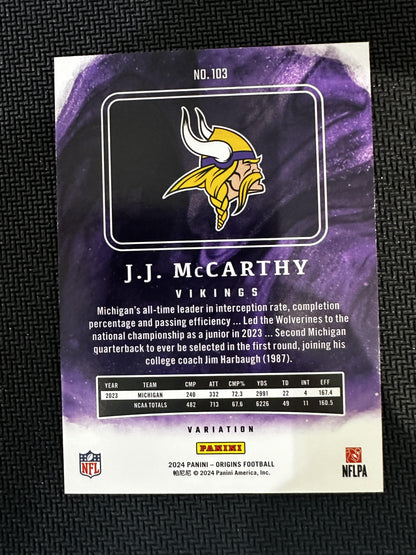 #103 J.J. McCarthy 2024 Panini Origins RC Rookie Minnesota Vikings sports