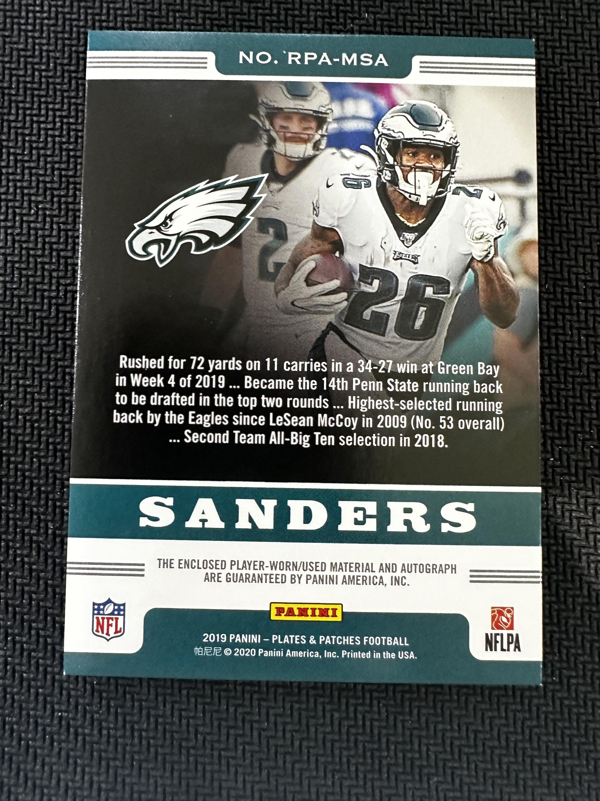 #RPA-MSA Miles Sanders 2019 Panini Plates & Patches /50 Eagles Patch Auto Blue