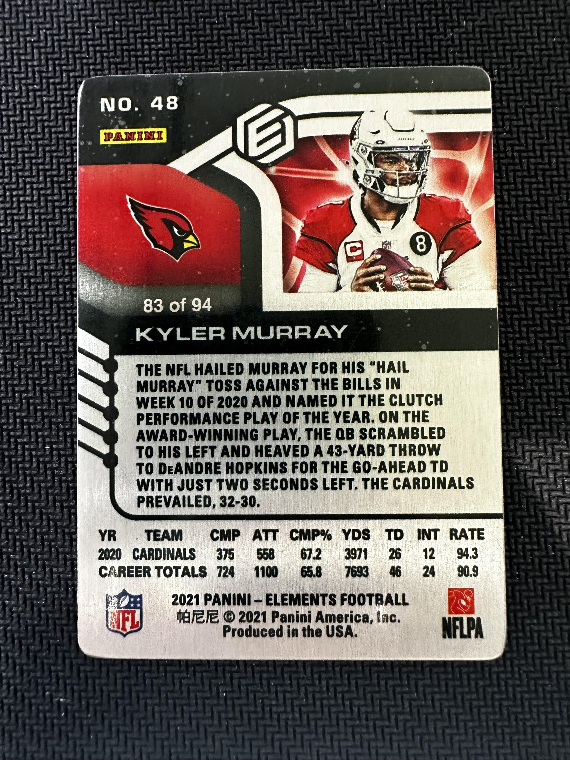 #48 Kyler Murray 2021 Panini Elements SN #/94 Arizona Cardinals Metal Plutonium