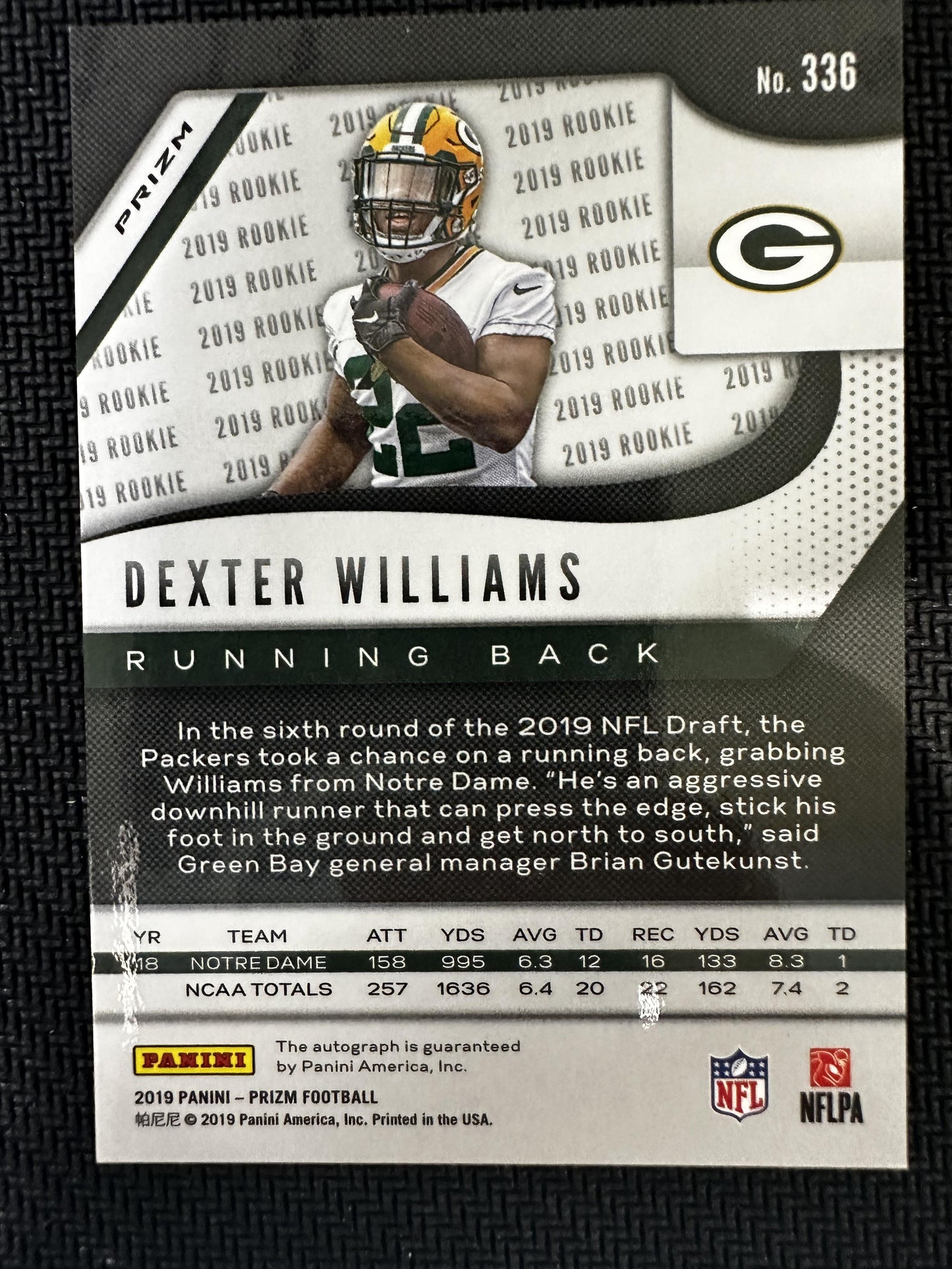 #336 Dexter Williams 2019 Panini Prizm RC,AU Rookie Auto Green Bay Packers