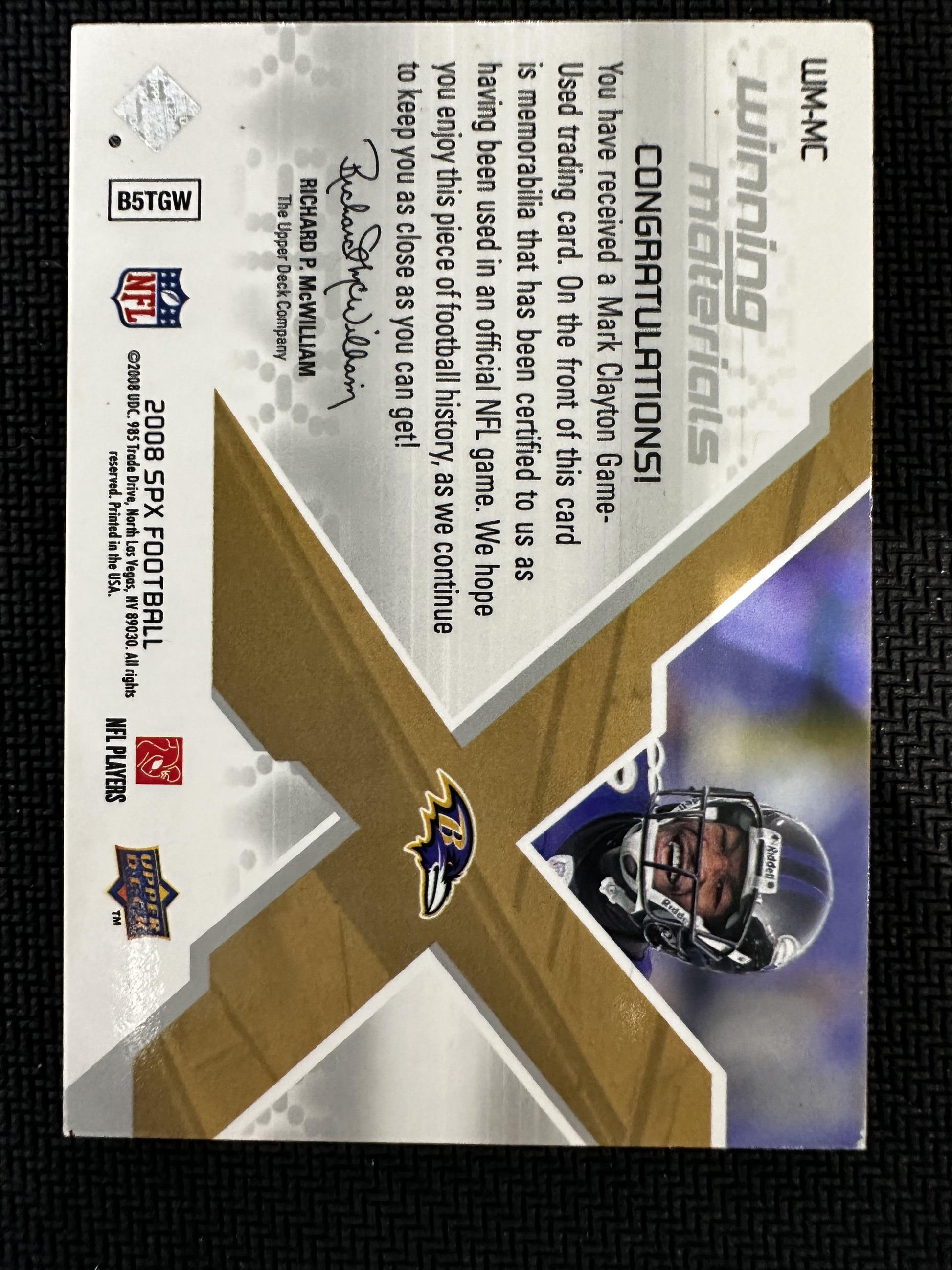 #WM-MC Mark Clayton 2008 SPx MEM,SN #/50 Ravens Winning Materials NFL Dual 50