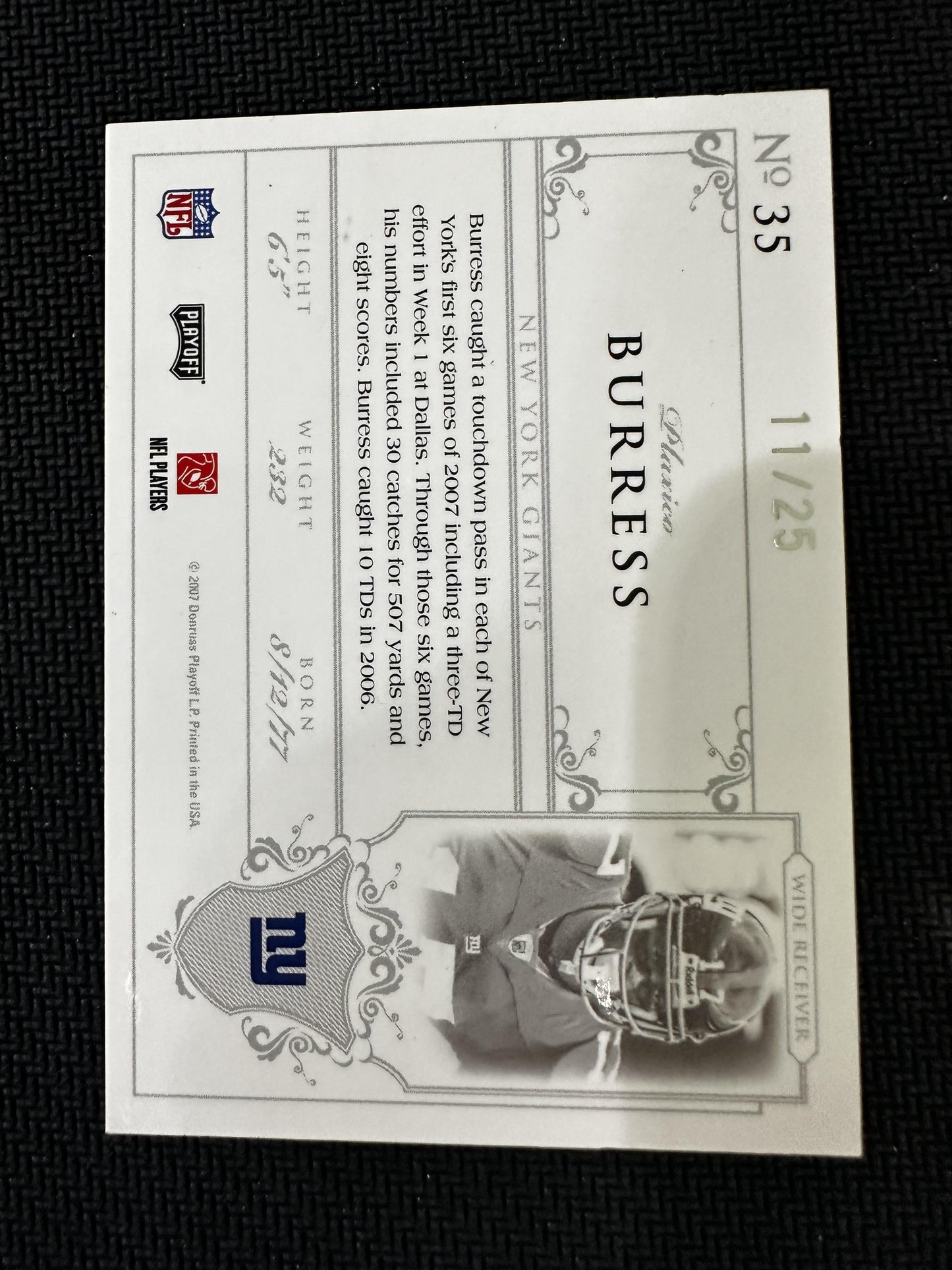 #35 Plaxico Burress 2007 Playoff National Treasures /25 New York Giants Silver