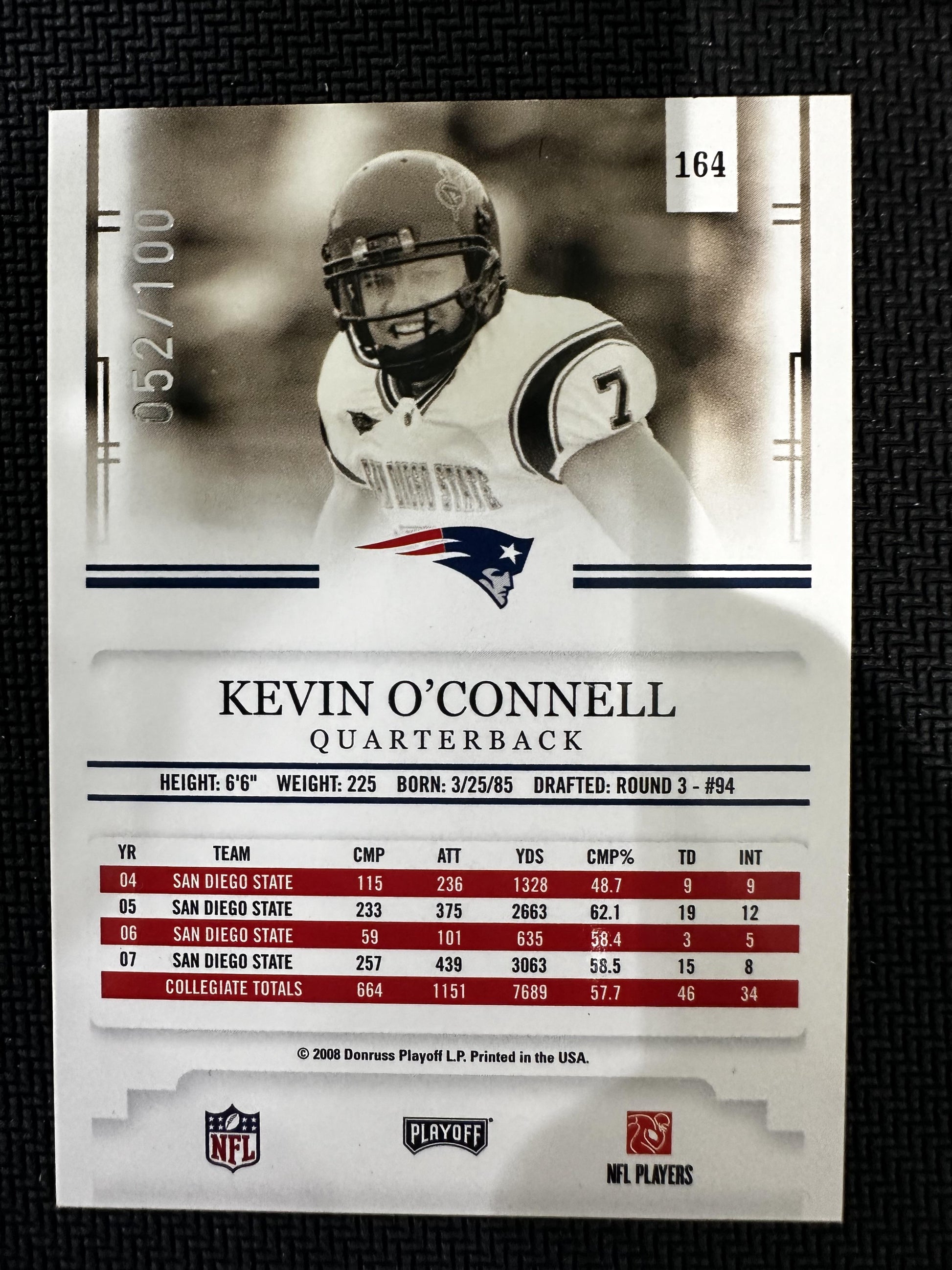 #164 Kevin O'Connell 2008 Playoff Prestige /100 Patriots Draft Picks Rights Auto