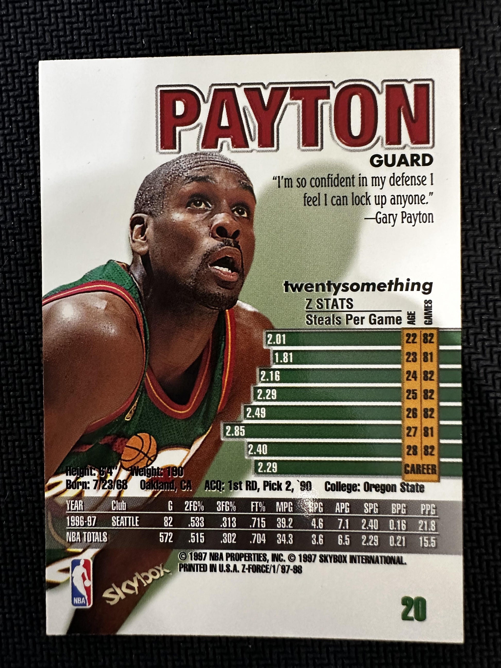 #20 Gary Payton 1997-98 SkyBox Z-Force Seattle SuperSonics sports