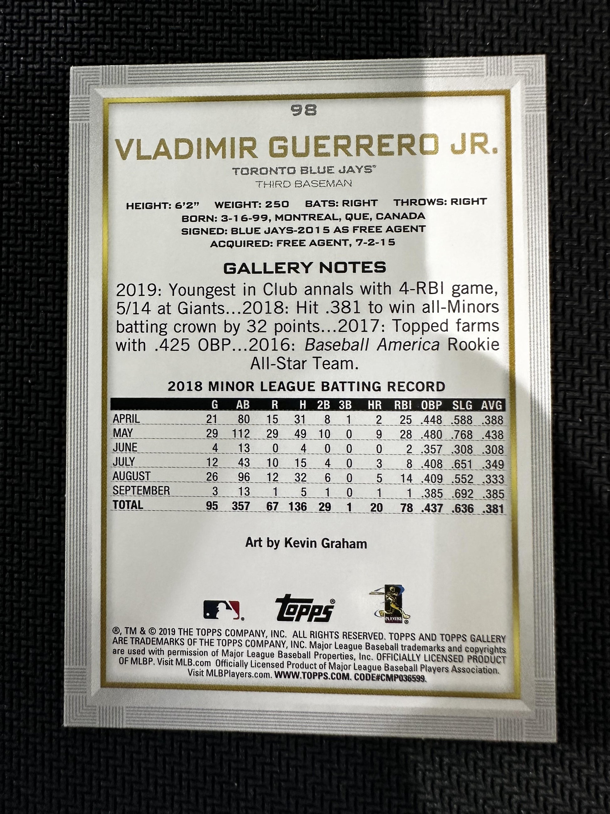 #98 Vladimir Guerrero Jr. 2019 Topps Gallery Toronto Blue Jays Artist Proof