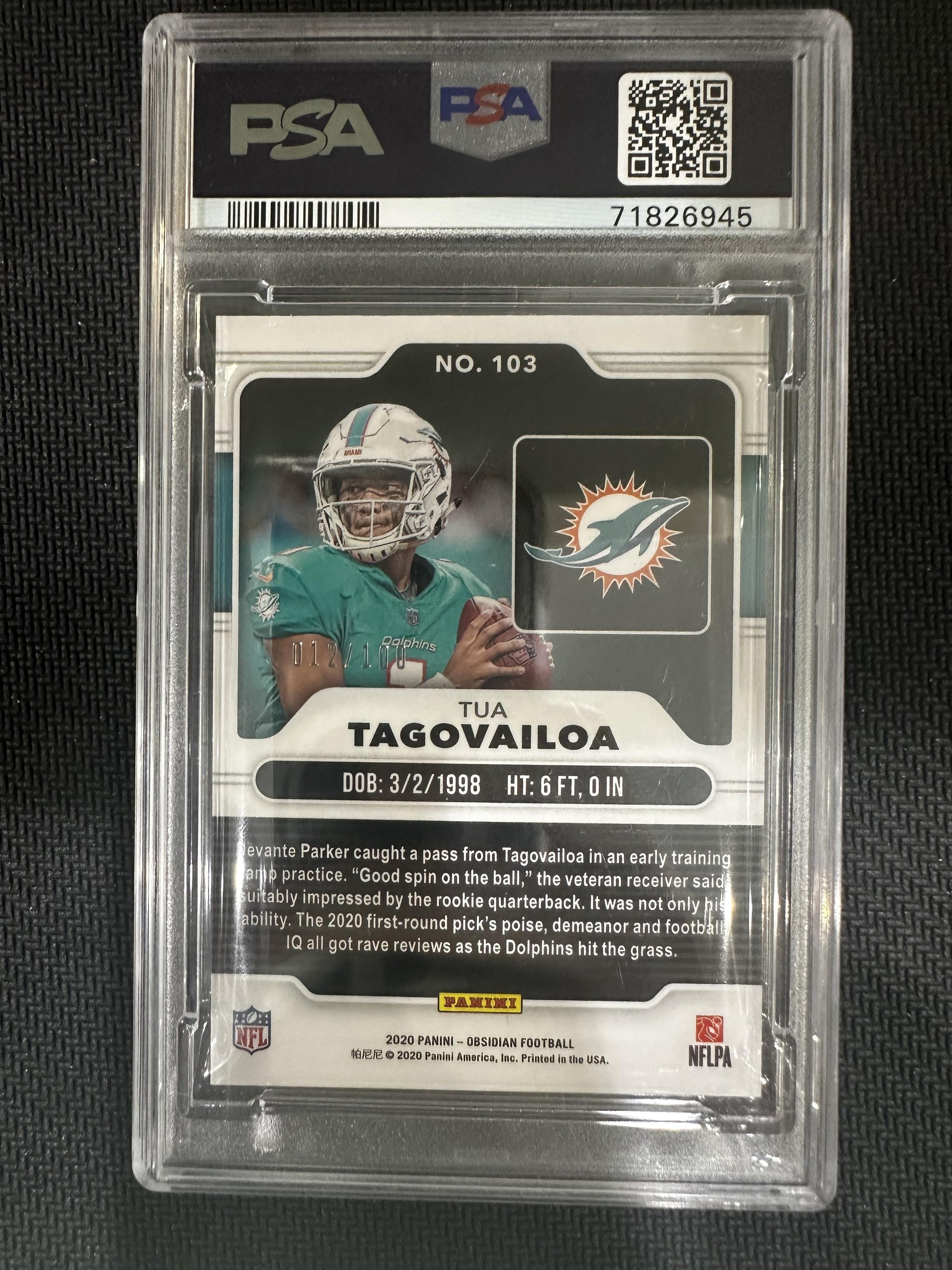 #103 Tua Tagovailoa 2020 Panini Obsidian /100 Dolphins Electric Etch Purple