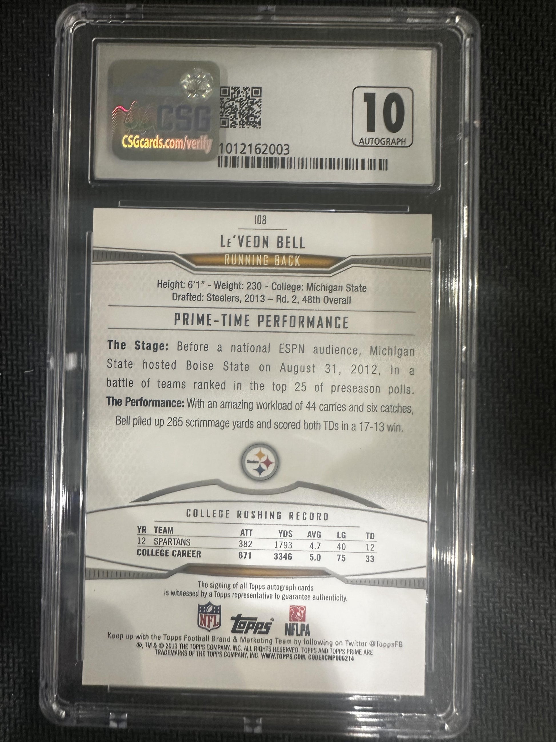 #108 Le'Veon Bell 2013 Topps Prime Rookie Auto /50 8.5 Steelers Copper Rainbow