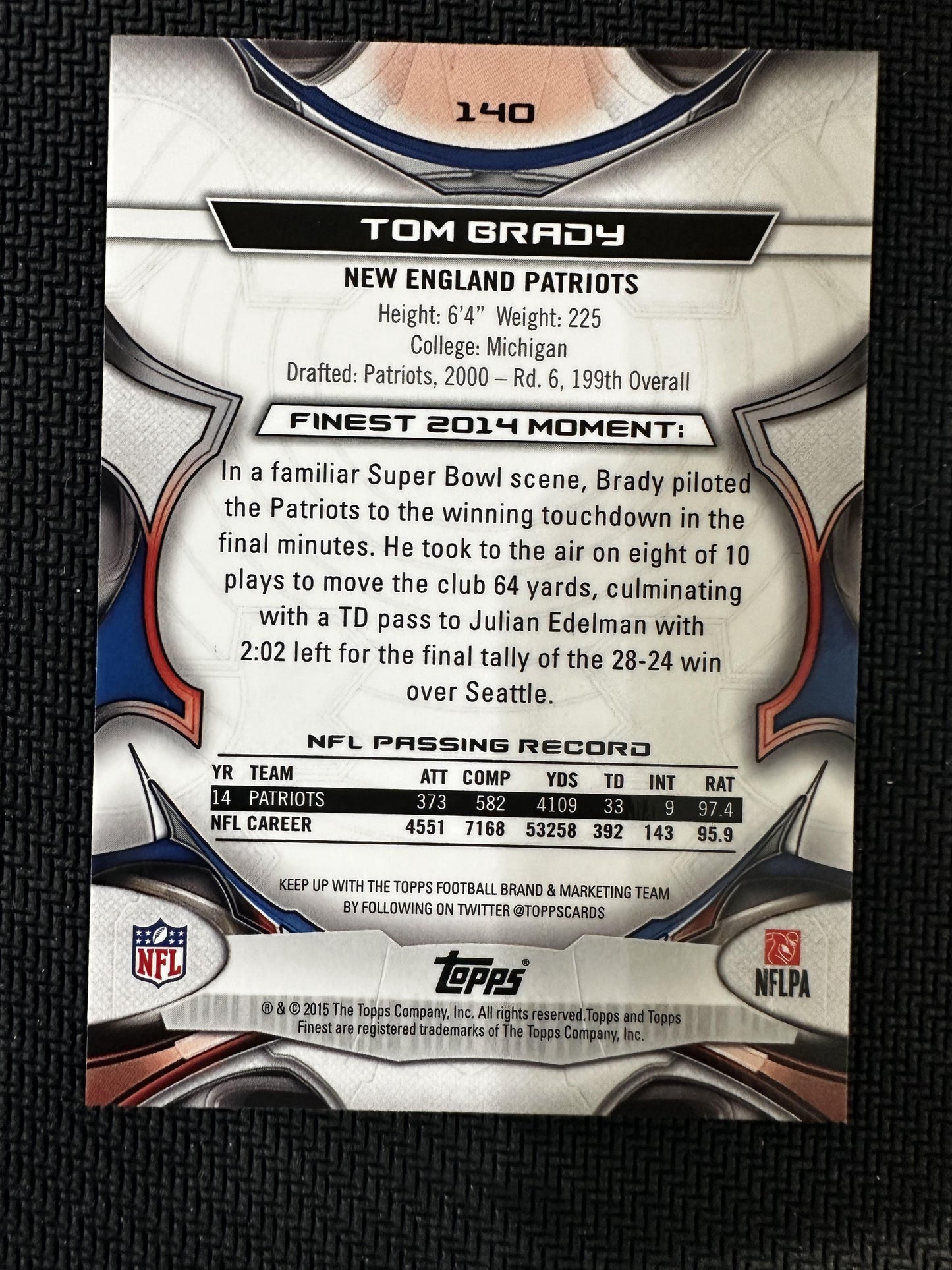 #140 Tom Brady 2015 Finest New England Patriots sports Black Refractor