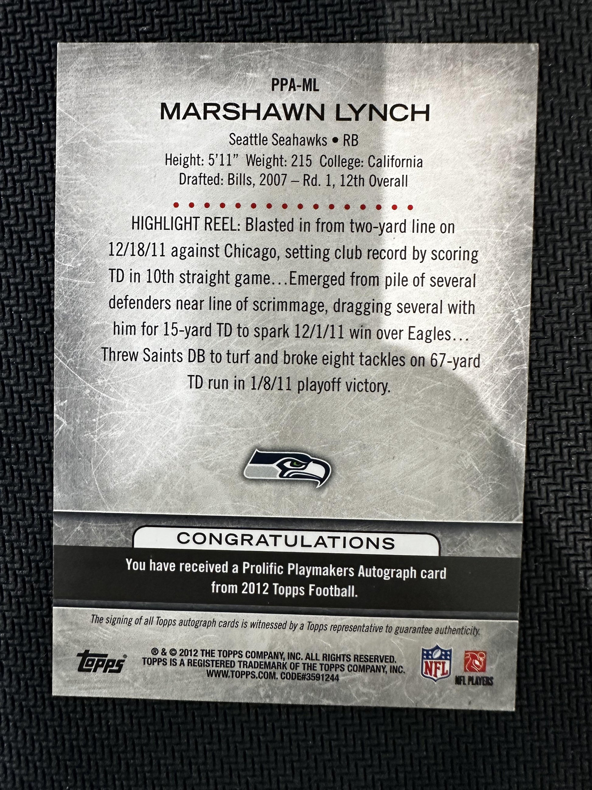 #PPA-ML Marshawn Lynch 2012 Topps AU Seahawks Prolific Playmakers Autographs