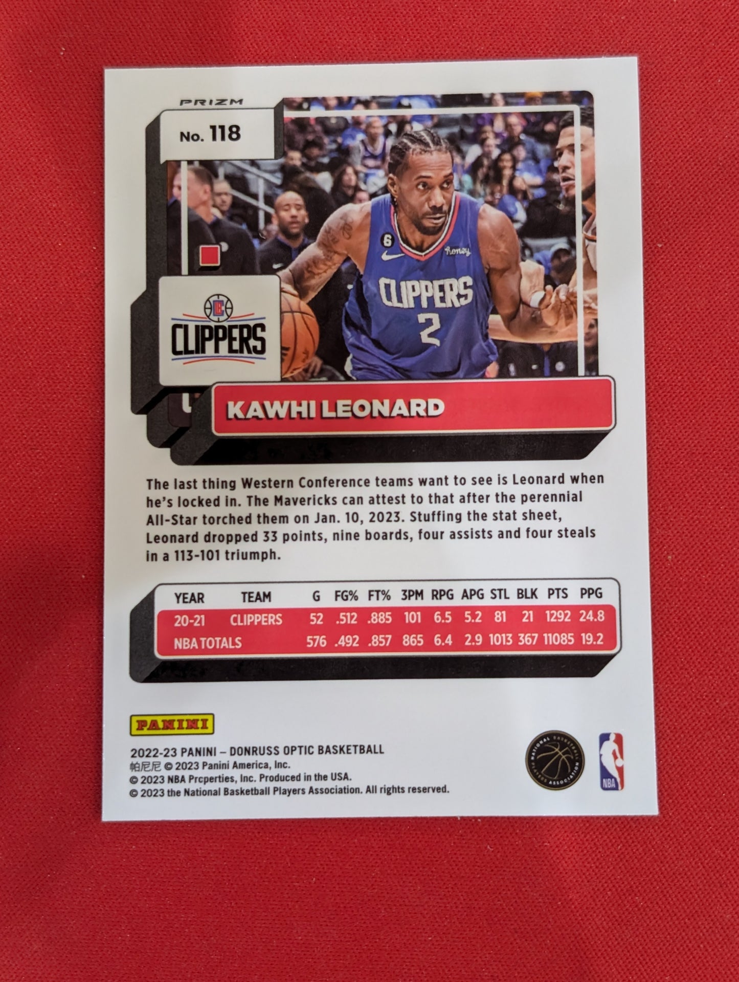 #118 Kawhi Leonard 2022-23 Donruss Optic Los Angeles Clippers sports Holo